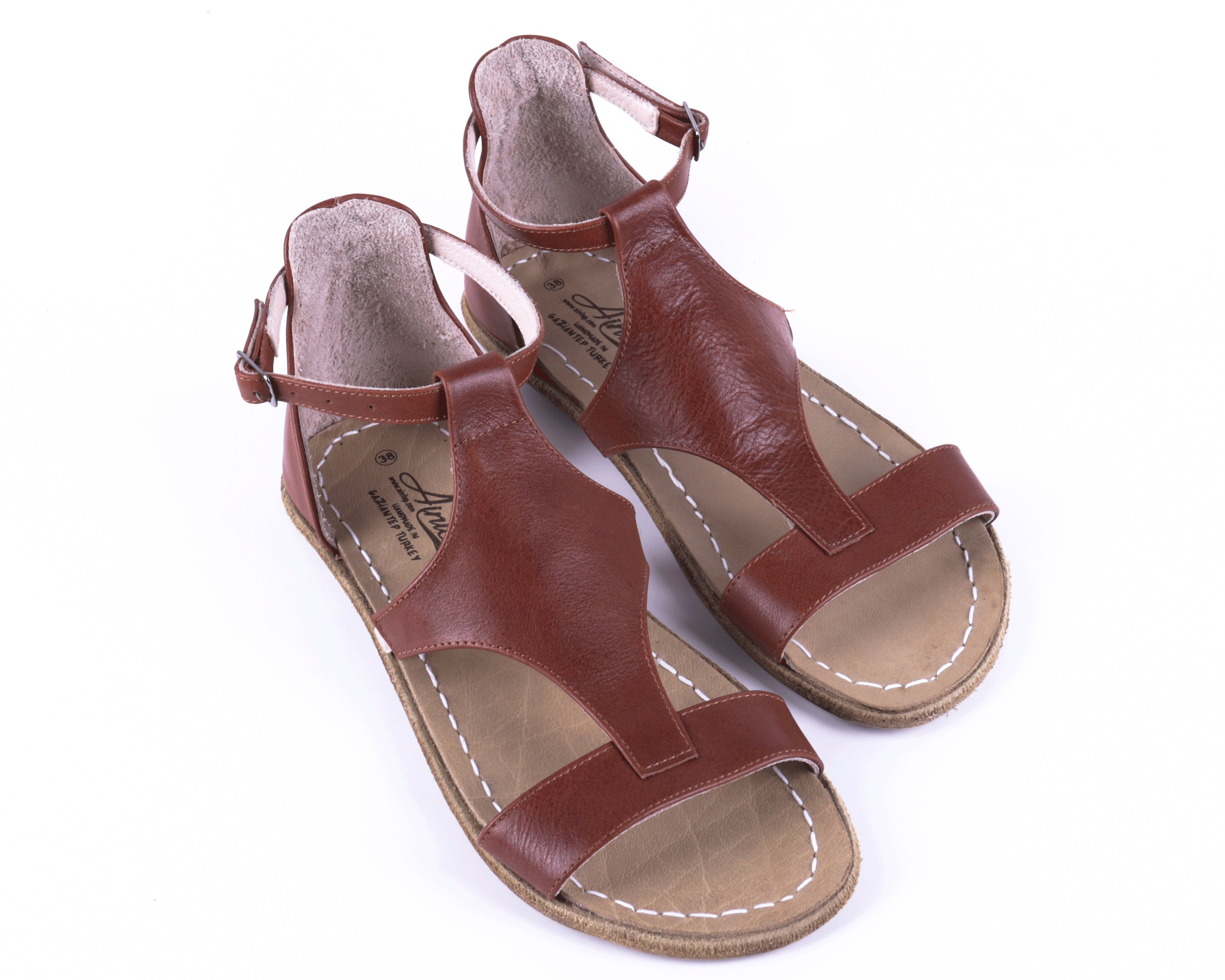 Brown Women Buckle Slipper Wide Barefoot Smooth Leather Handmade 