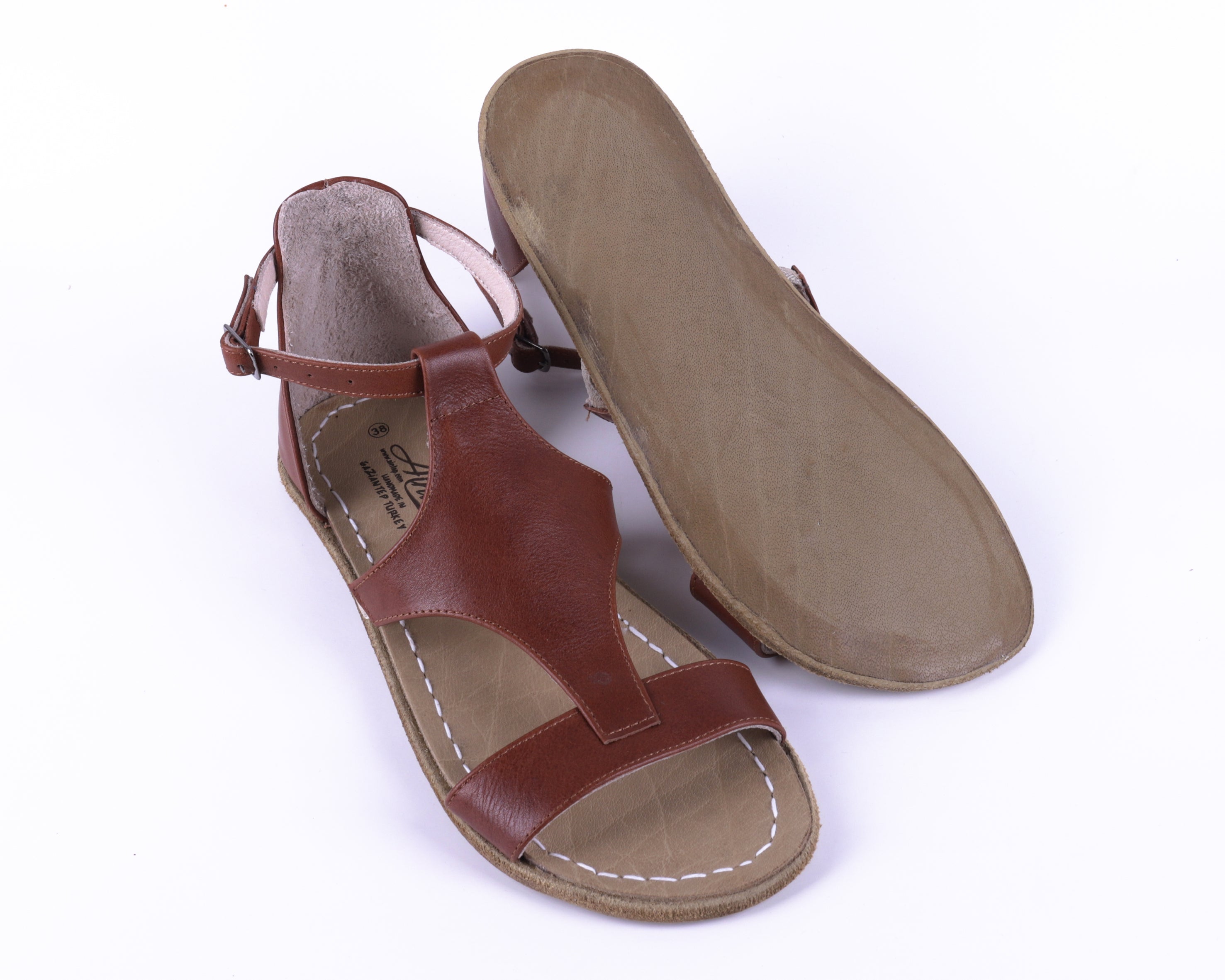 Brown Women Buckle Slipper Wide Barefoot Smooth Leather Handmade 