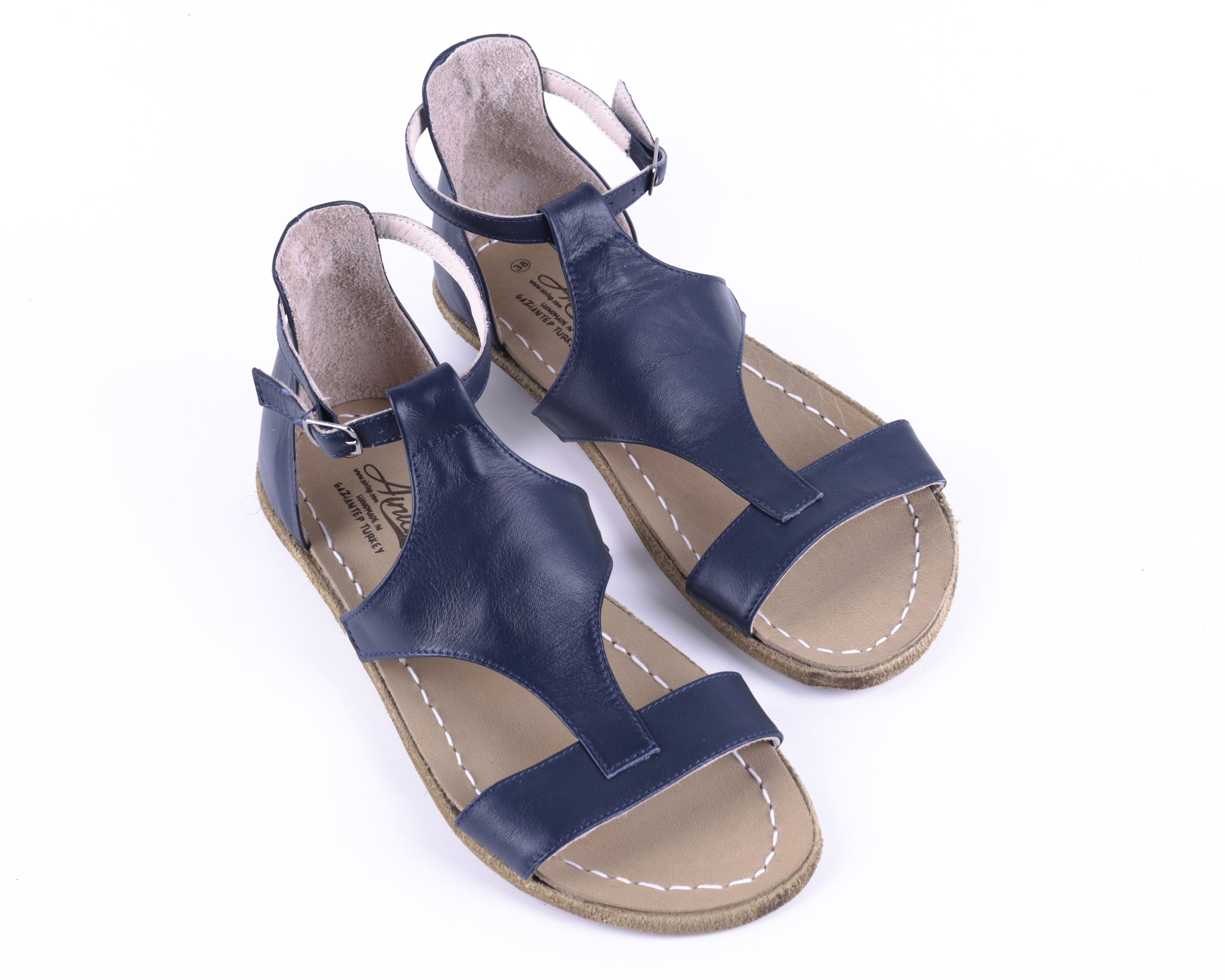 Navy Blue Women Buckle Slipper Wide Barefoot Smooth Leather Handmade