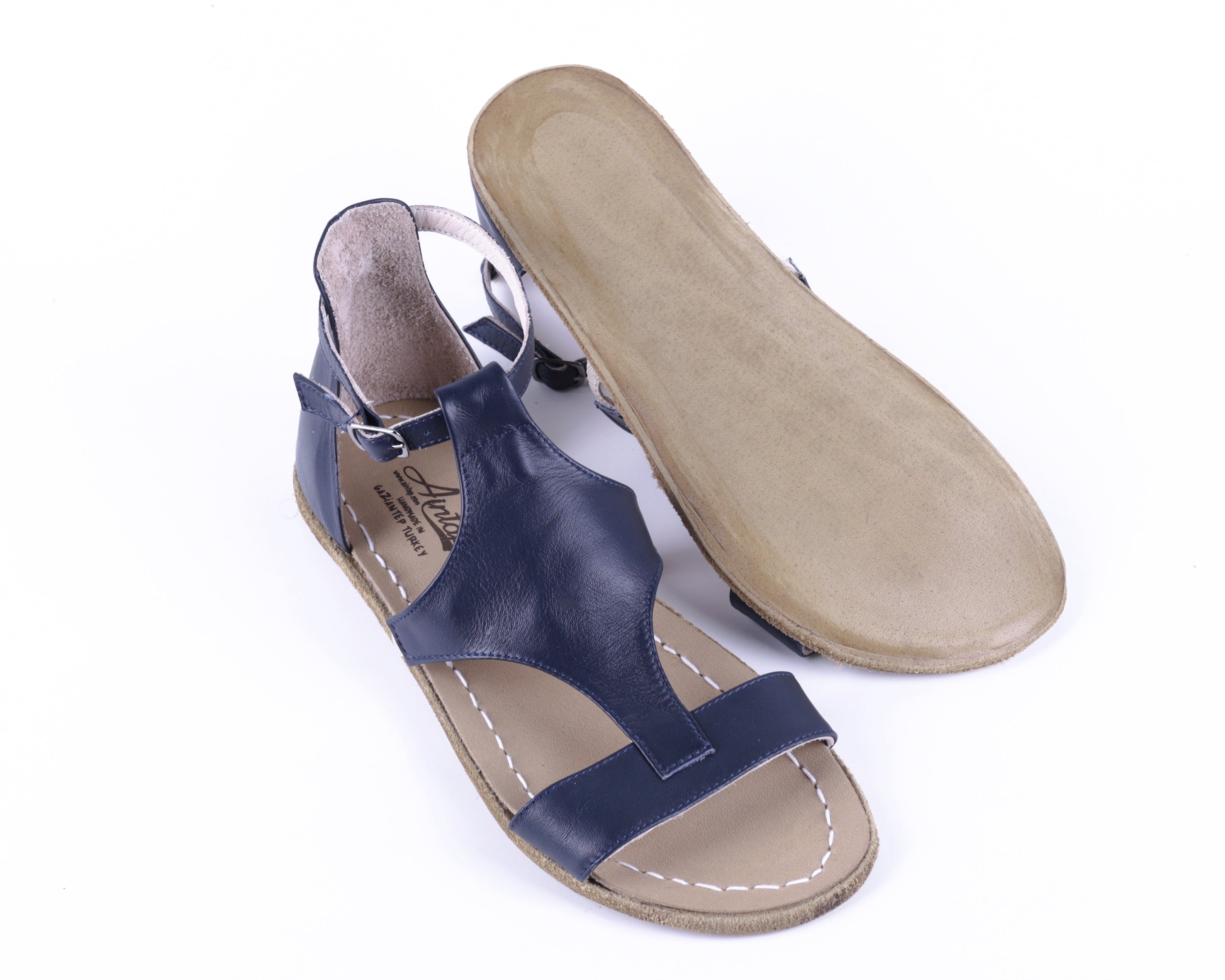 Navy Blue Women Buckle Slipper Wide Barefoot Smooth Leather Handmade 