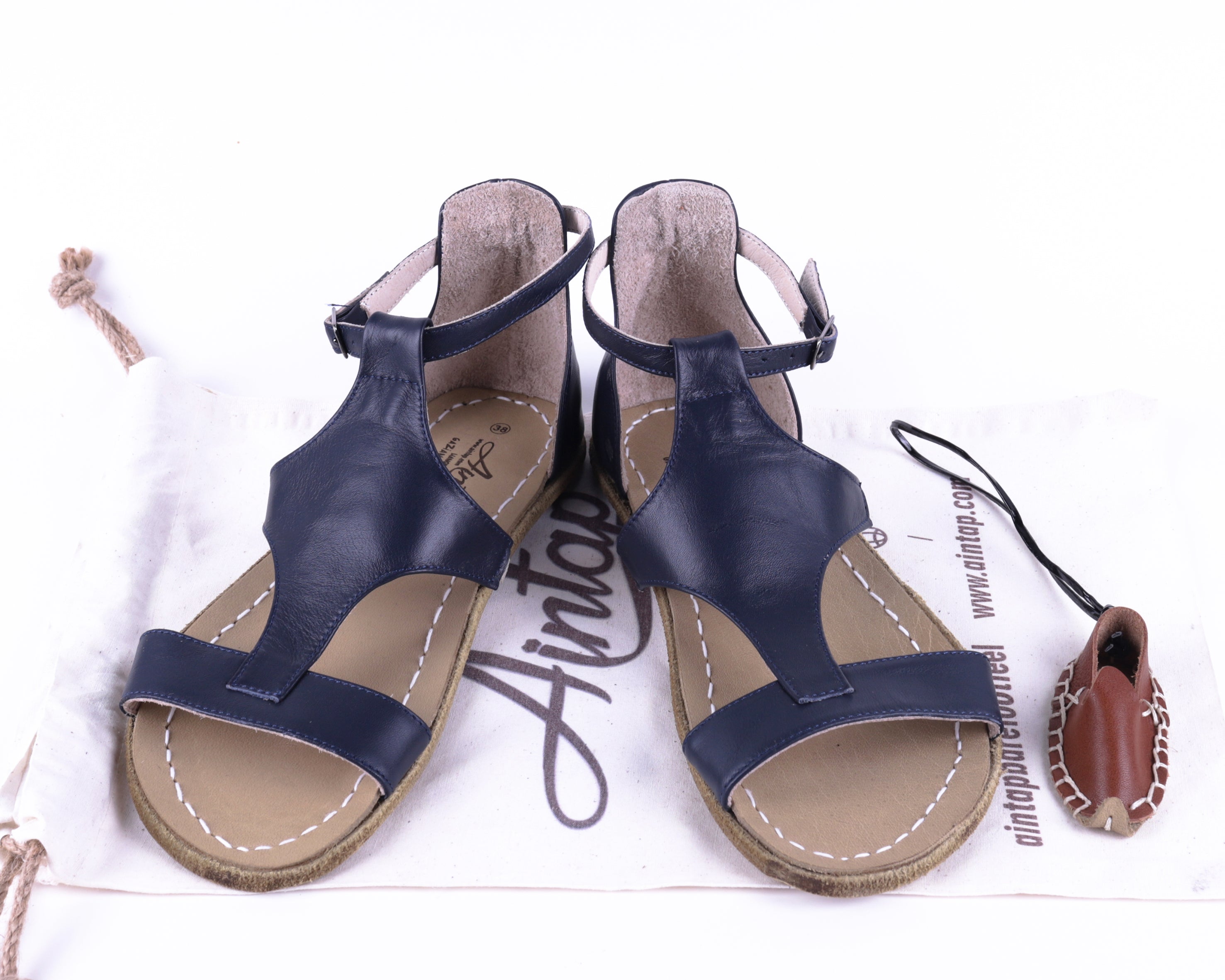 Navy Blue Women Buckle Slipper Wide Barefoot Smooth Leather Handmade 