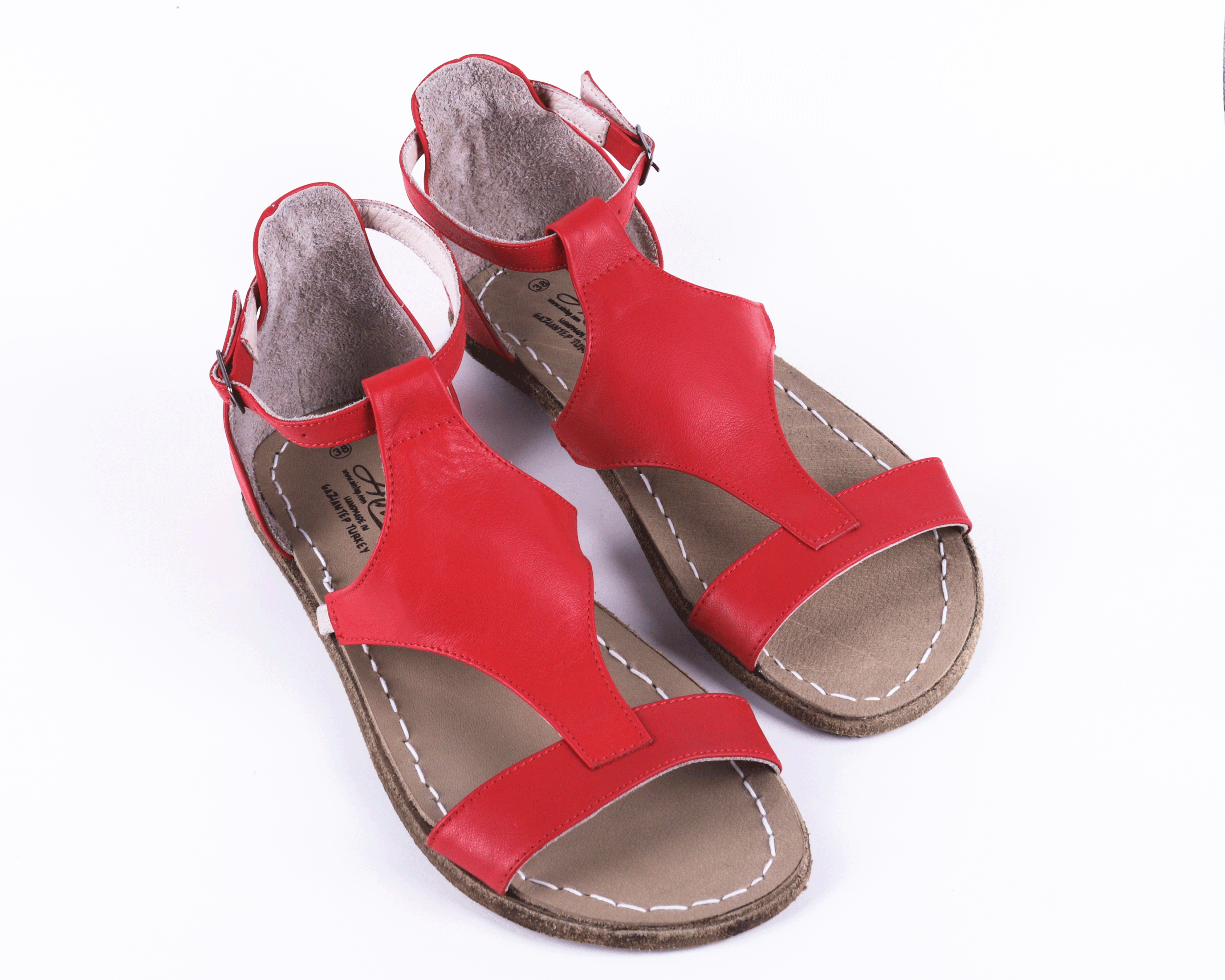 Red Women Buckle Slipper Wide Barefoot Smooth Leather Handmade