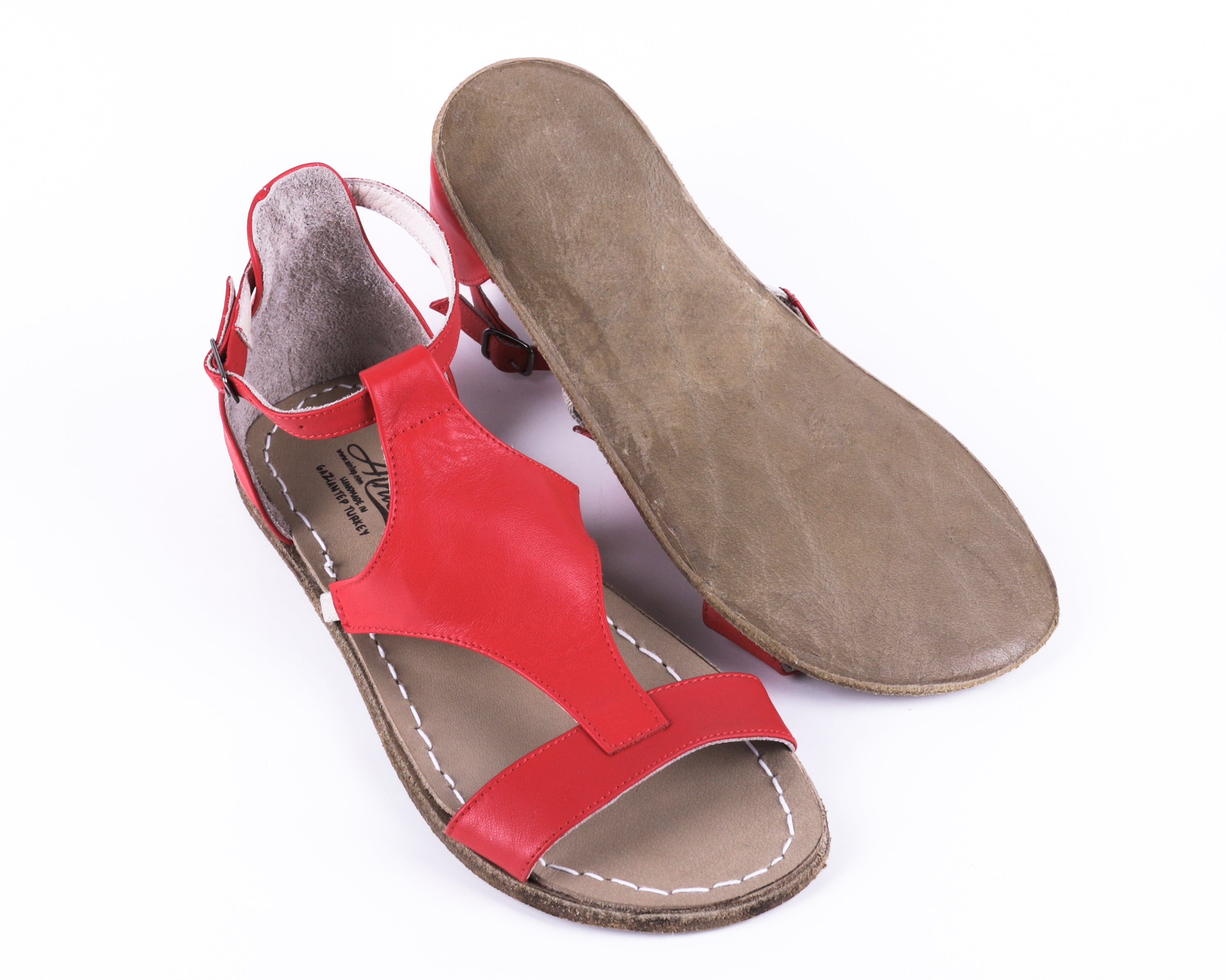 Red Women Buckle Slipper Wide Barefoot Smooth Leather Handmade