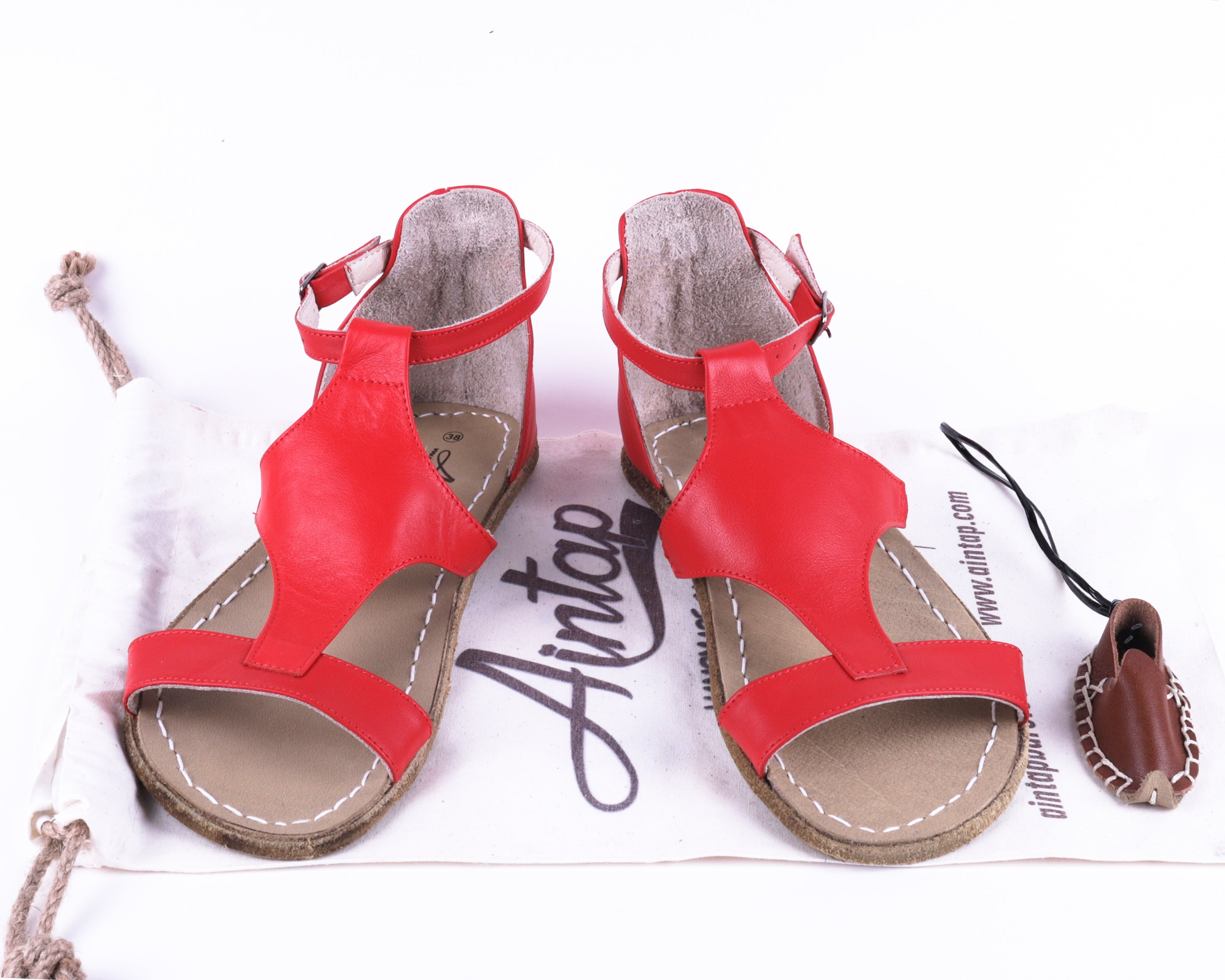 Red Women Buckle Slipper Wide Barefoot Smooth Leather Handmade 