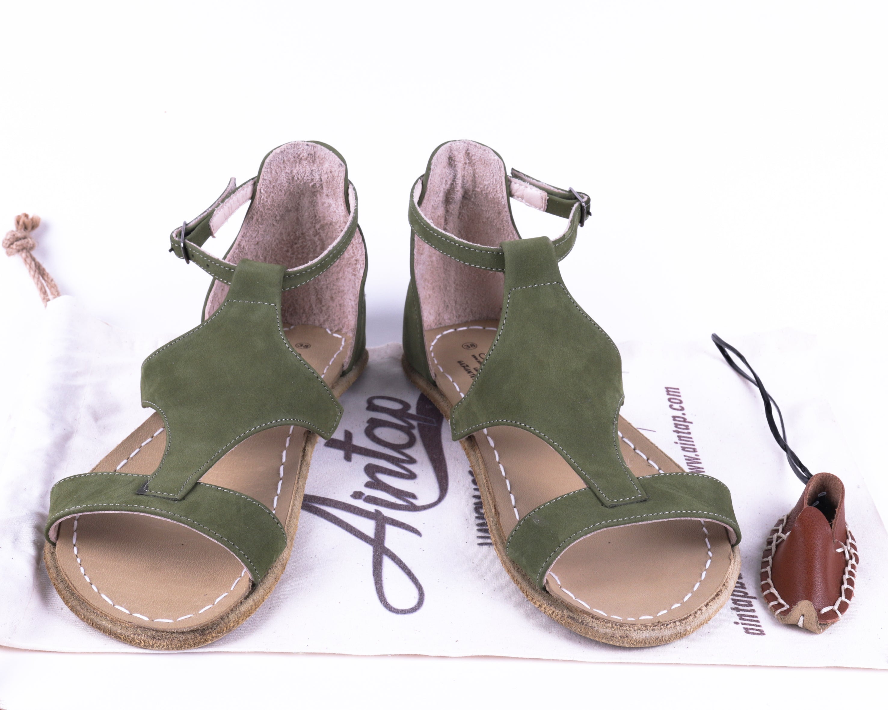 Green Women Buckle Slipper Wide Barefoot Nubuck Leather Handmade 