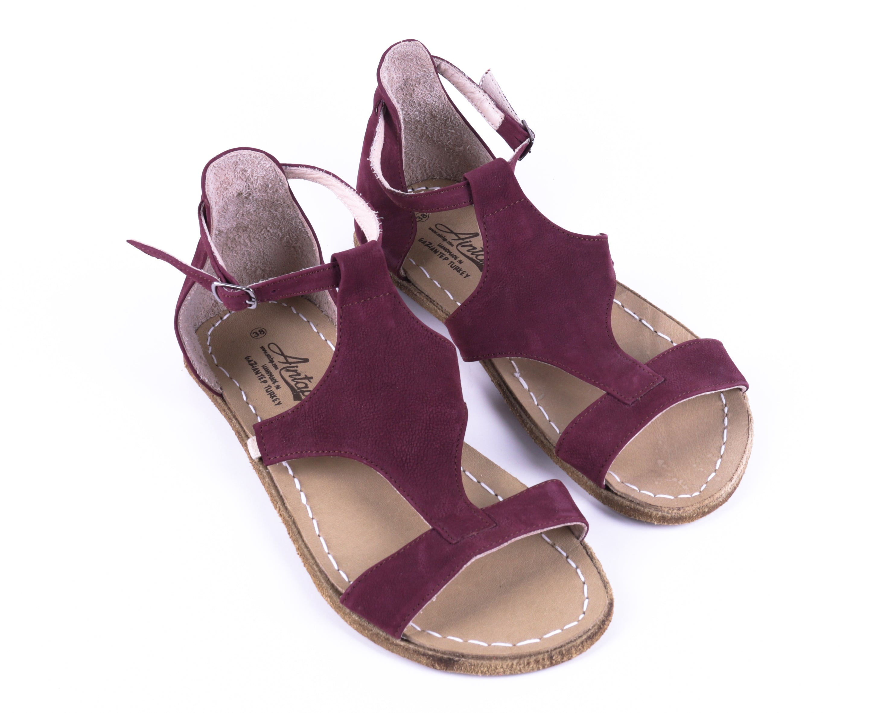 Burgundy Women Buckle Slipper Wide Barefoot Nubuck Leather Handmade 
