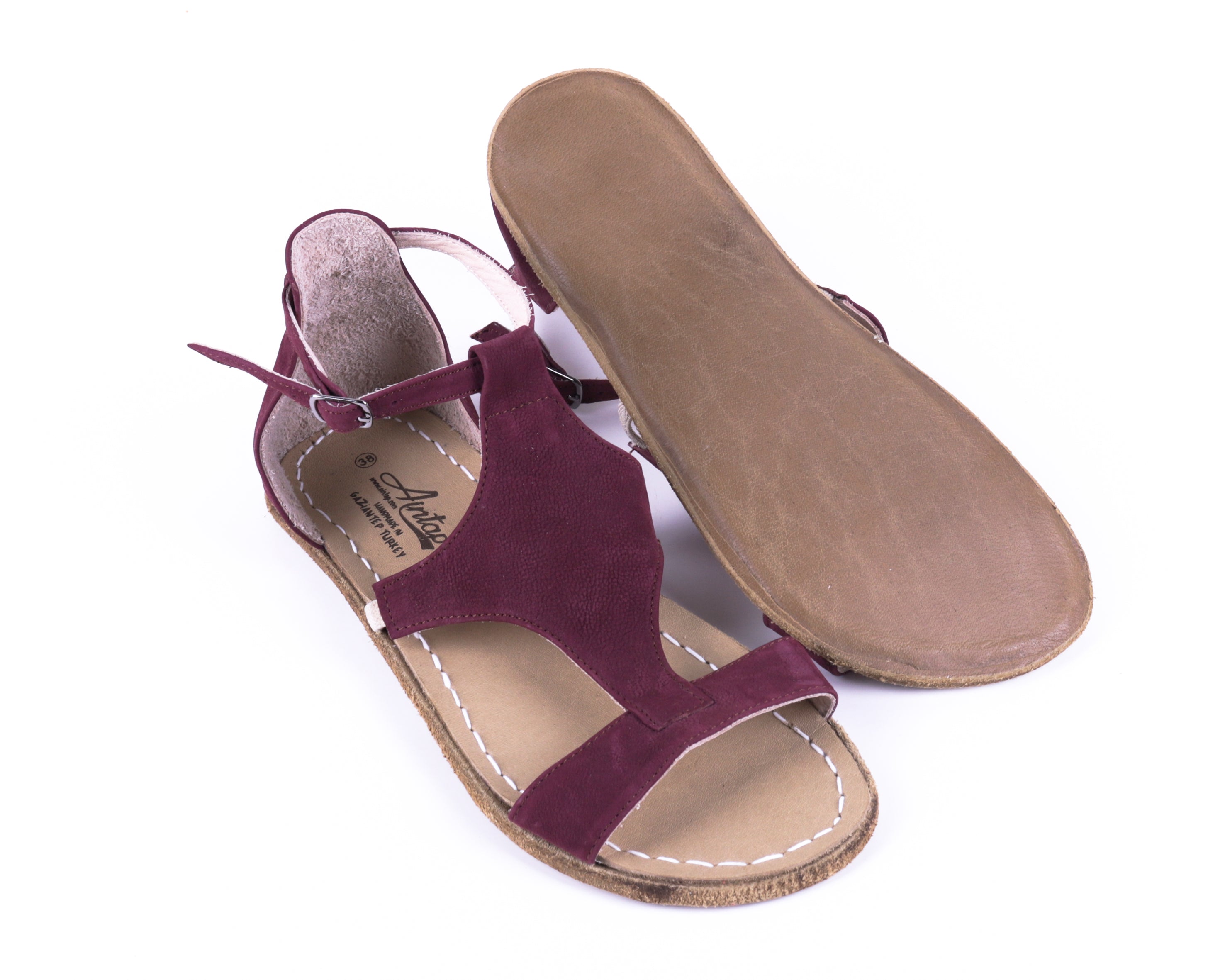 Burgundy Women Buckle Slipper Wide Barefoot Nubuck Leather Handmade