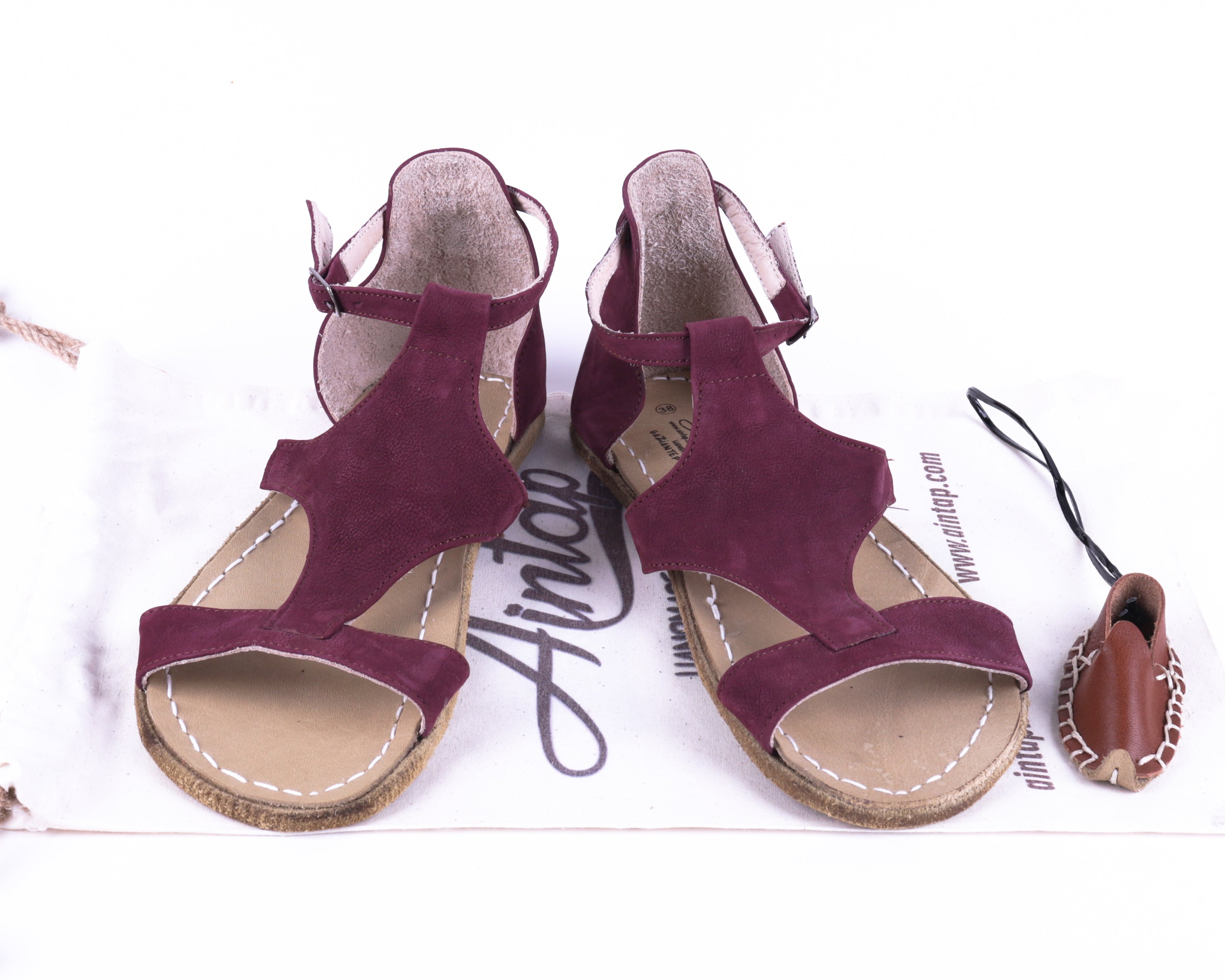 Burgundy Women Buckle Slipper Wide Barefoot Nubuck Leather Handmade