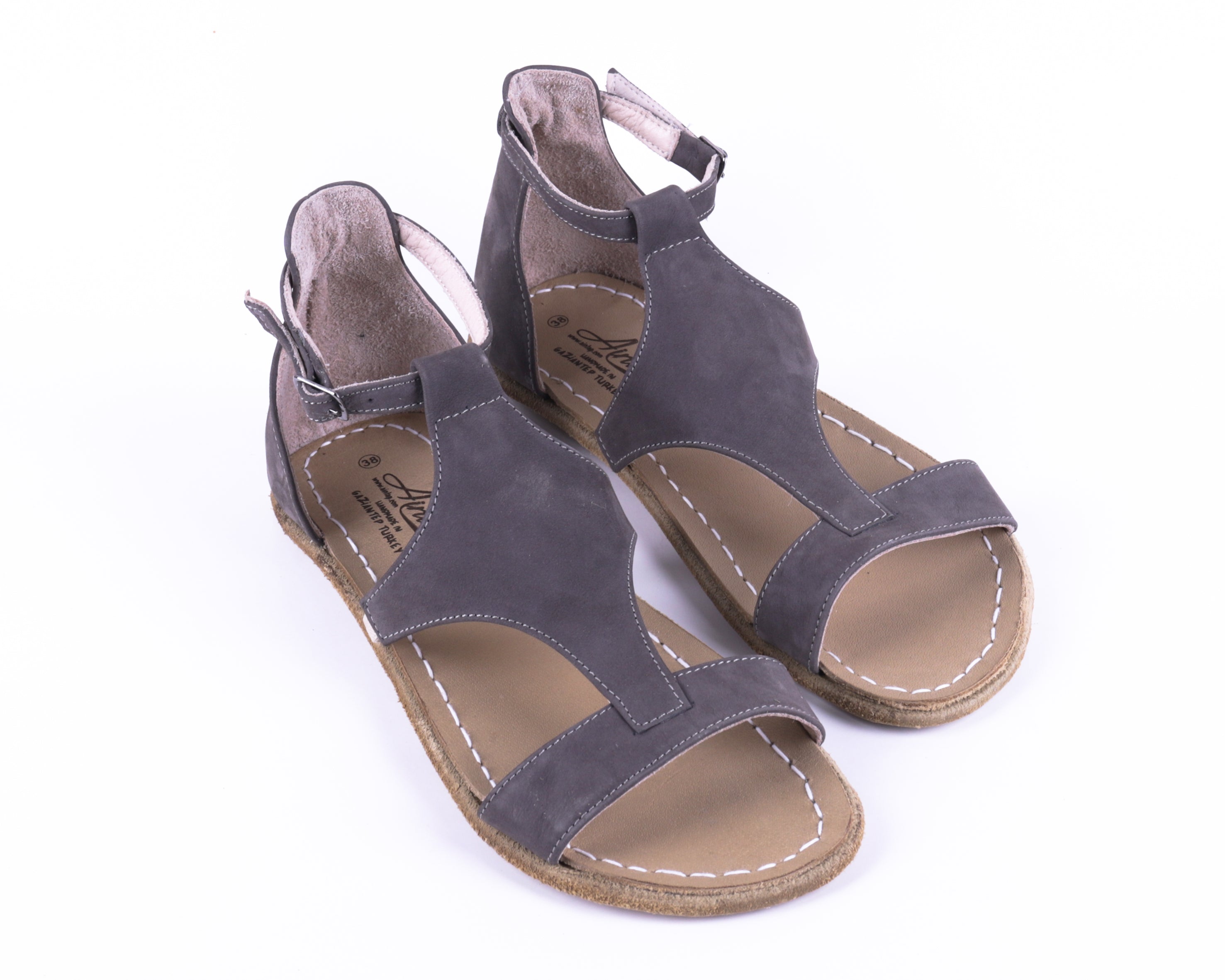 Gray Women Buckle Slipper Wide Barefoot Nubuck Leather Handmade