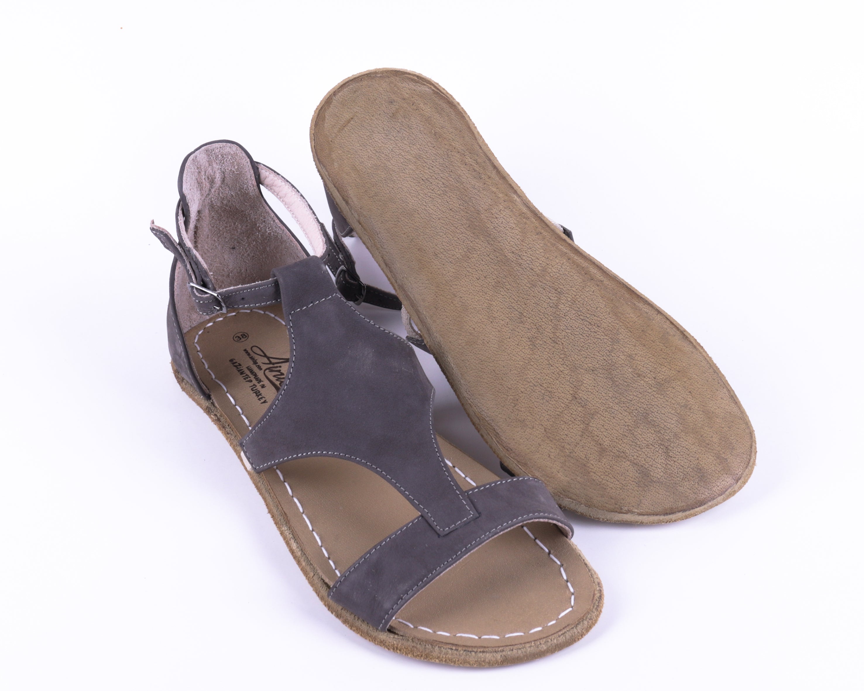 Gray Women Buckle Slipper Wide Barefoot Nubuck Leather Handmade