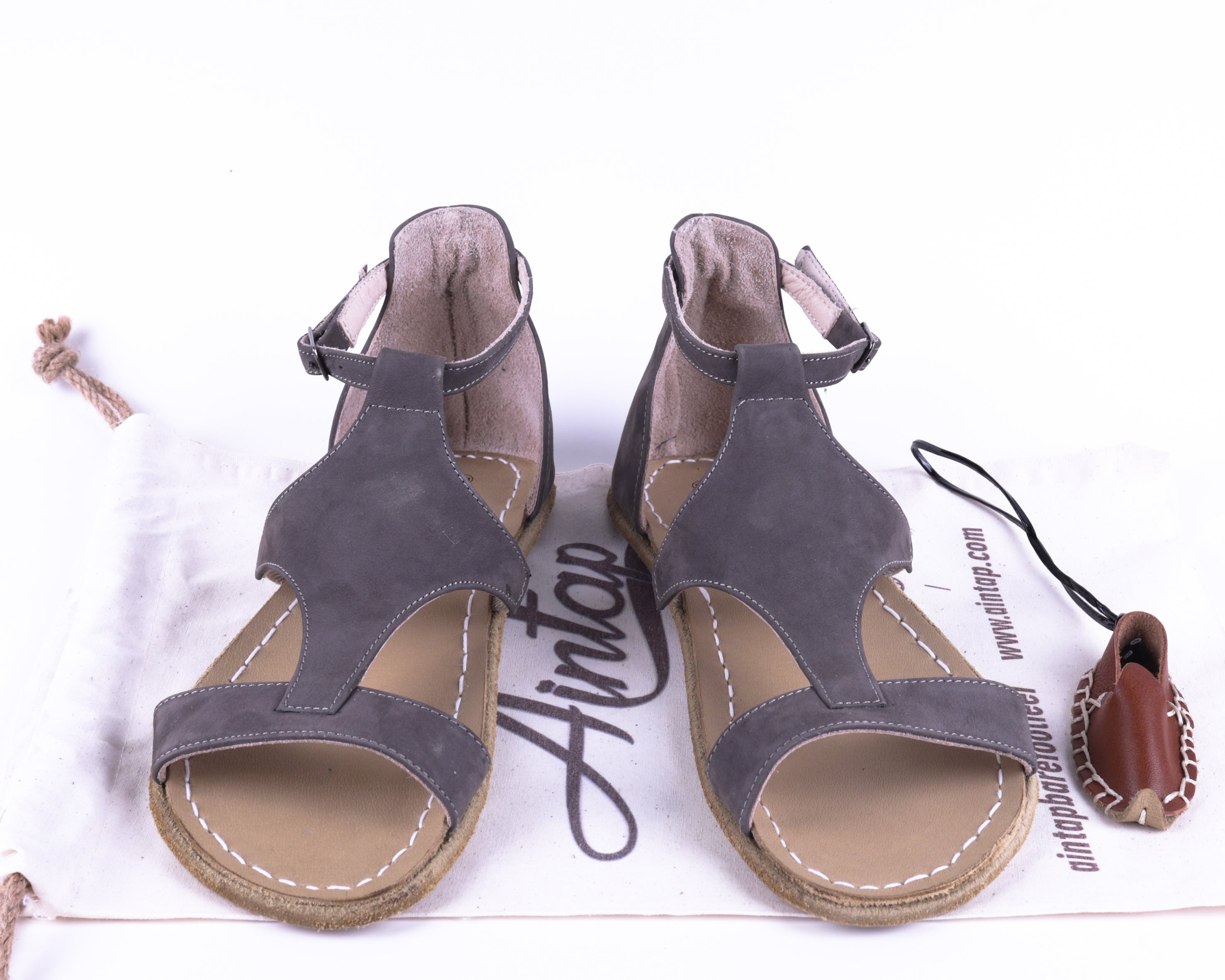 Gray Women Buckle Slipper Wide Barefoot Nubuck Leather Handmade 