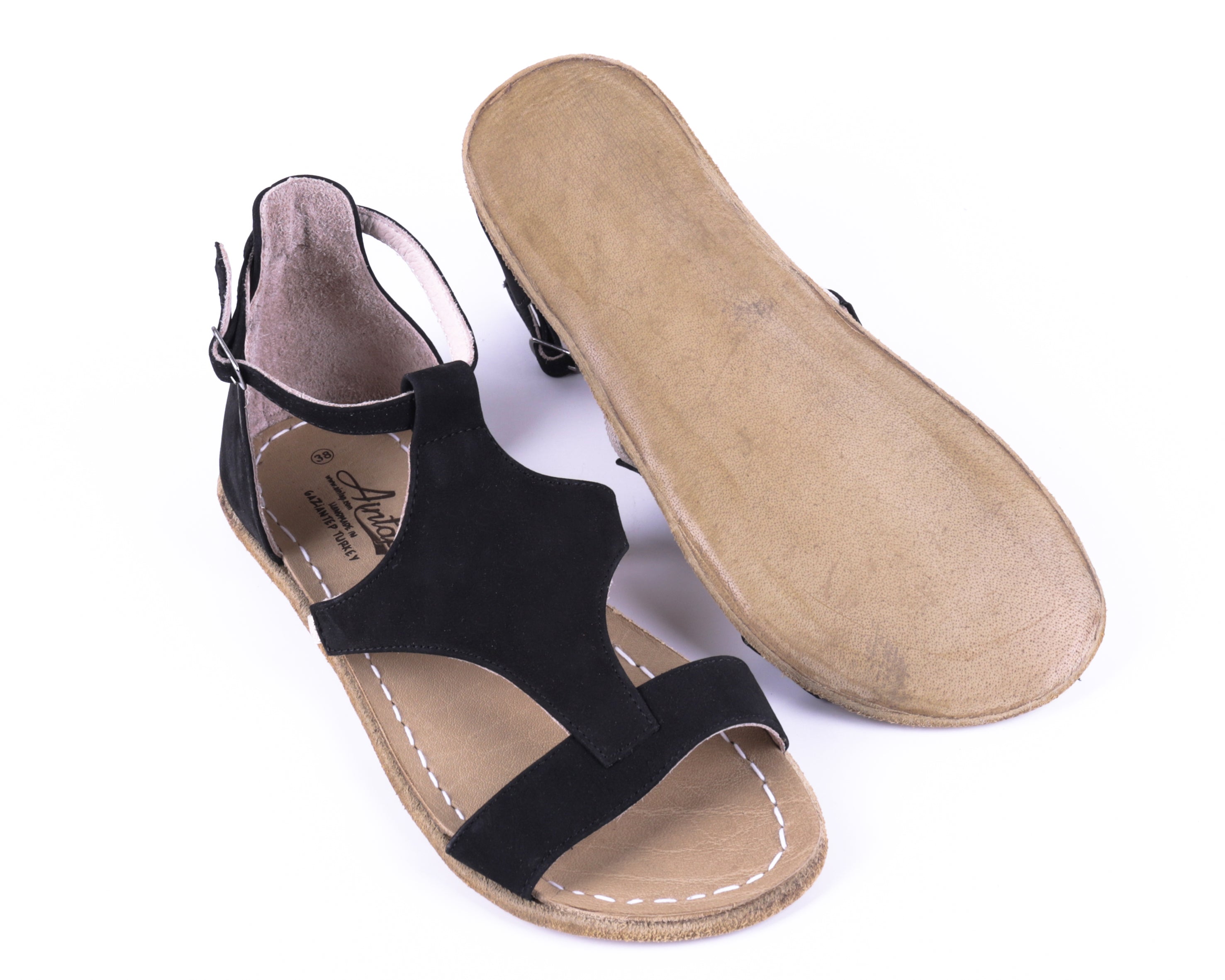 Black Women Buckle Slipper Wide Barefoot Nubuck Leather Handmade