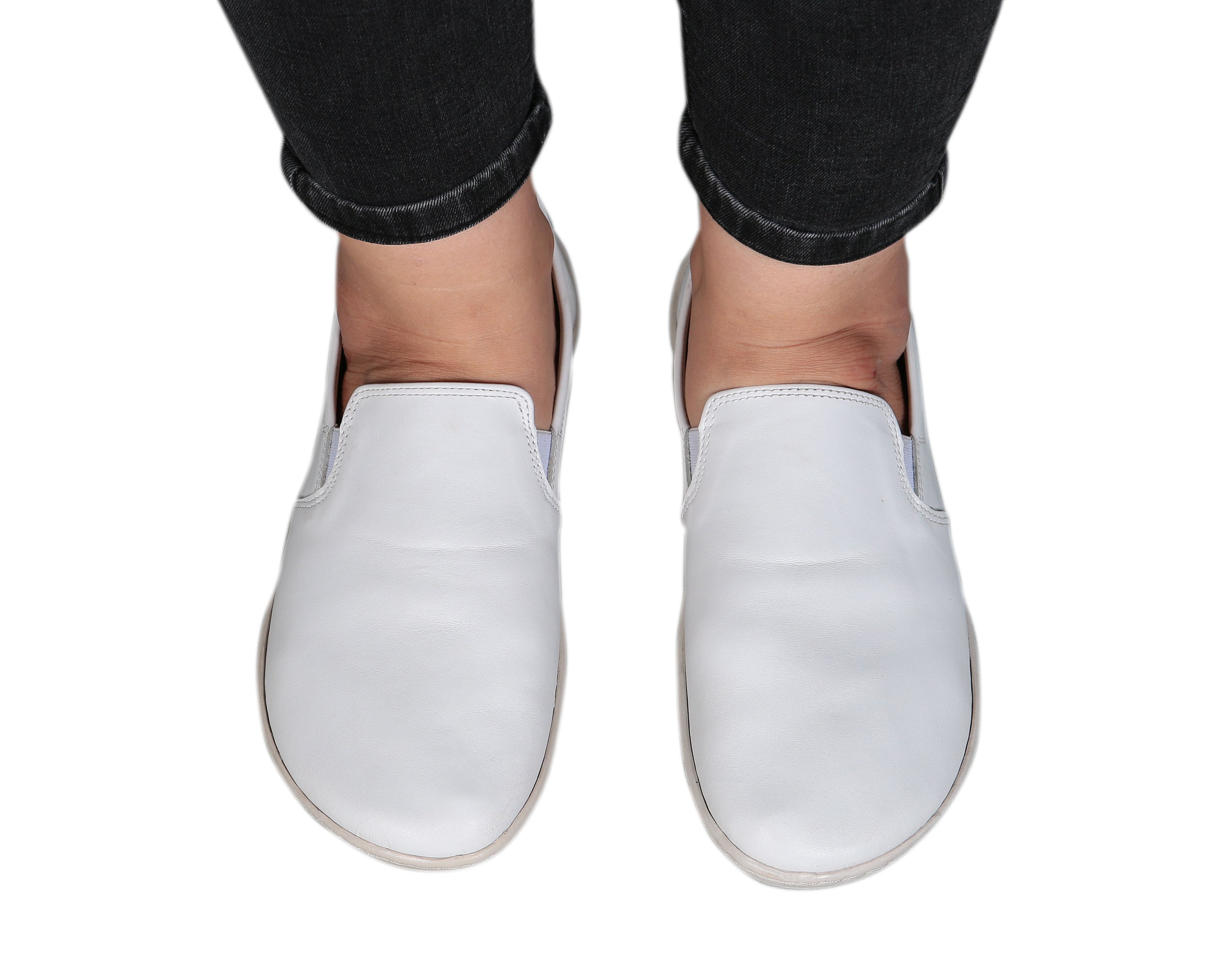 White Slip-On Wide Barefoot Shoes Smooth Leather Handmade 6mm Rubber Outsole 