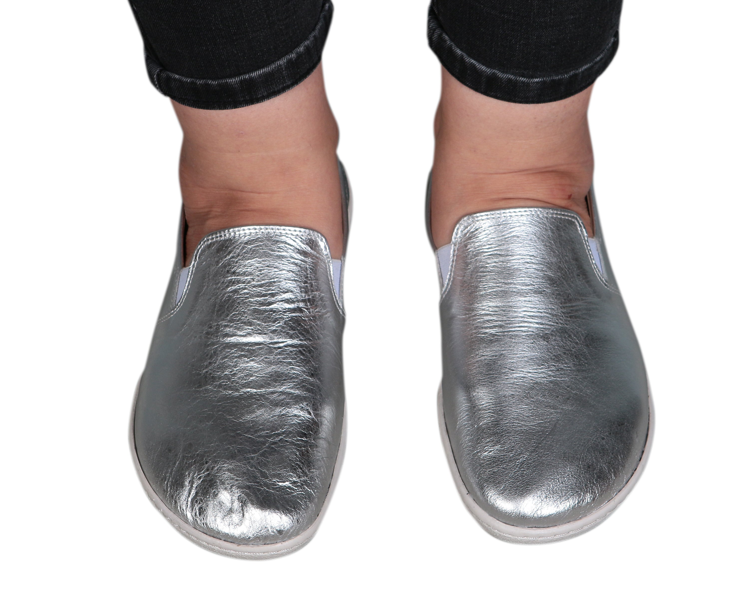 Sılver Slip-On Wide Barefoot Shoes Smooth Leather Handmade 6mm Rubber Outsole 