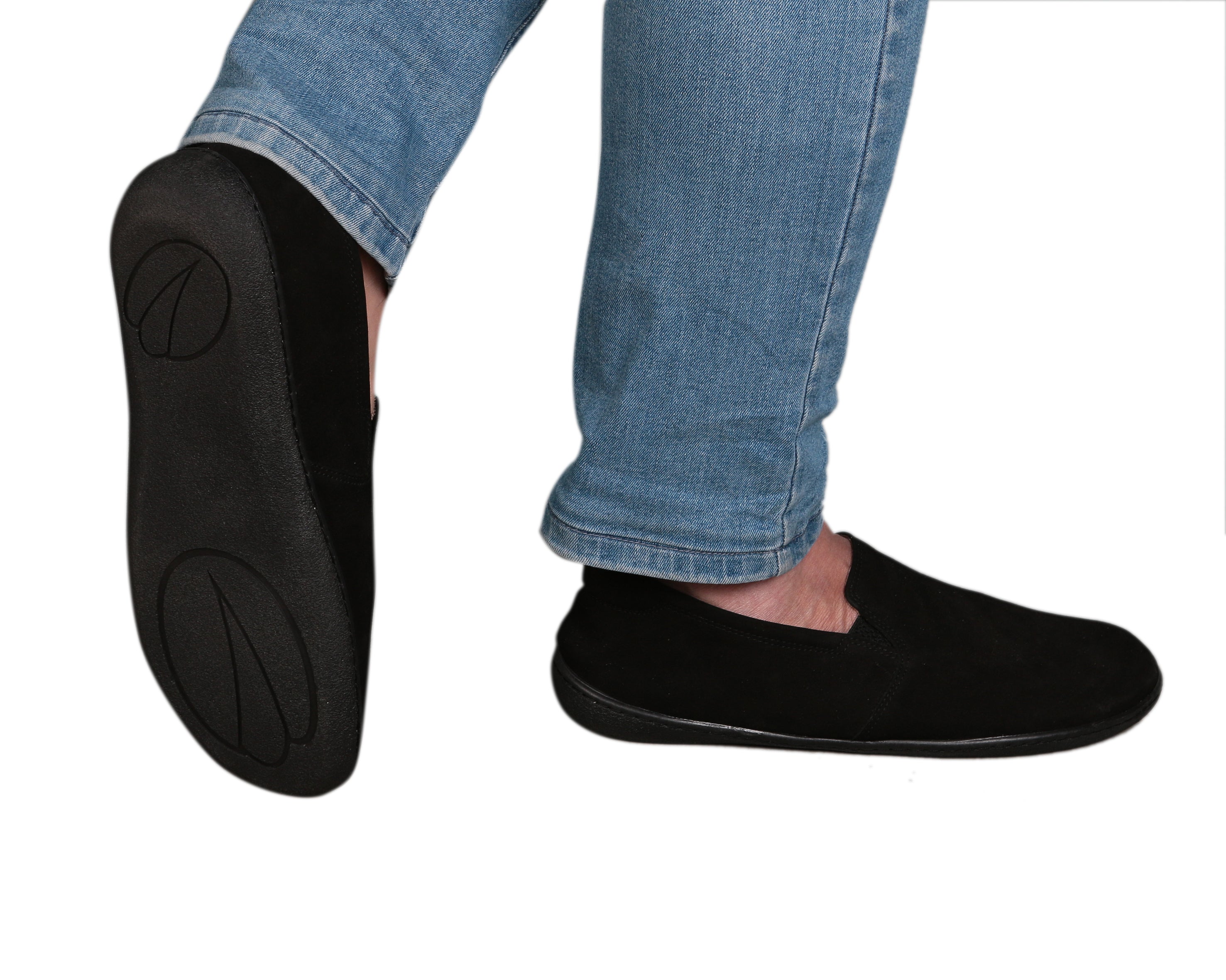 Black Slip-On Wide Barefoot Shoes Nubuck Leather Handmade 6mm Rubber Outsole