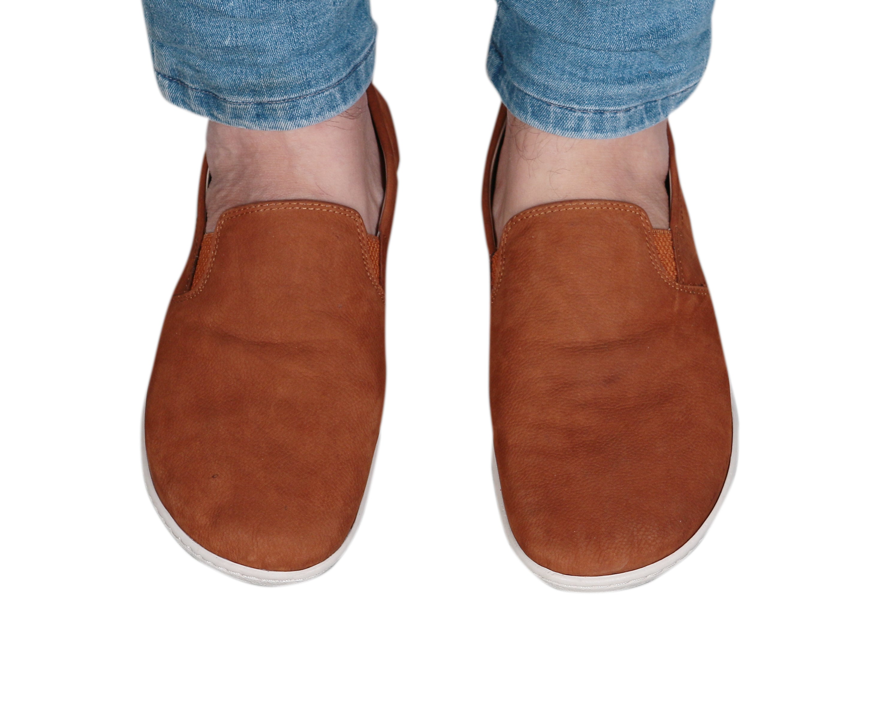 Tan Slip-On Wide Barefoot Shoes Nubuck Leather Handmade 6mm Rubber Outsole 