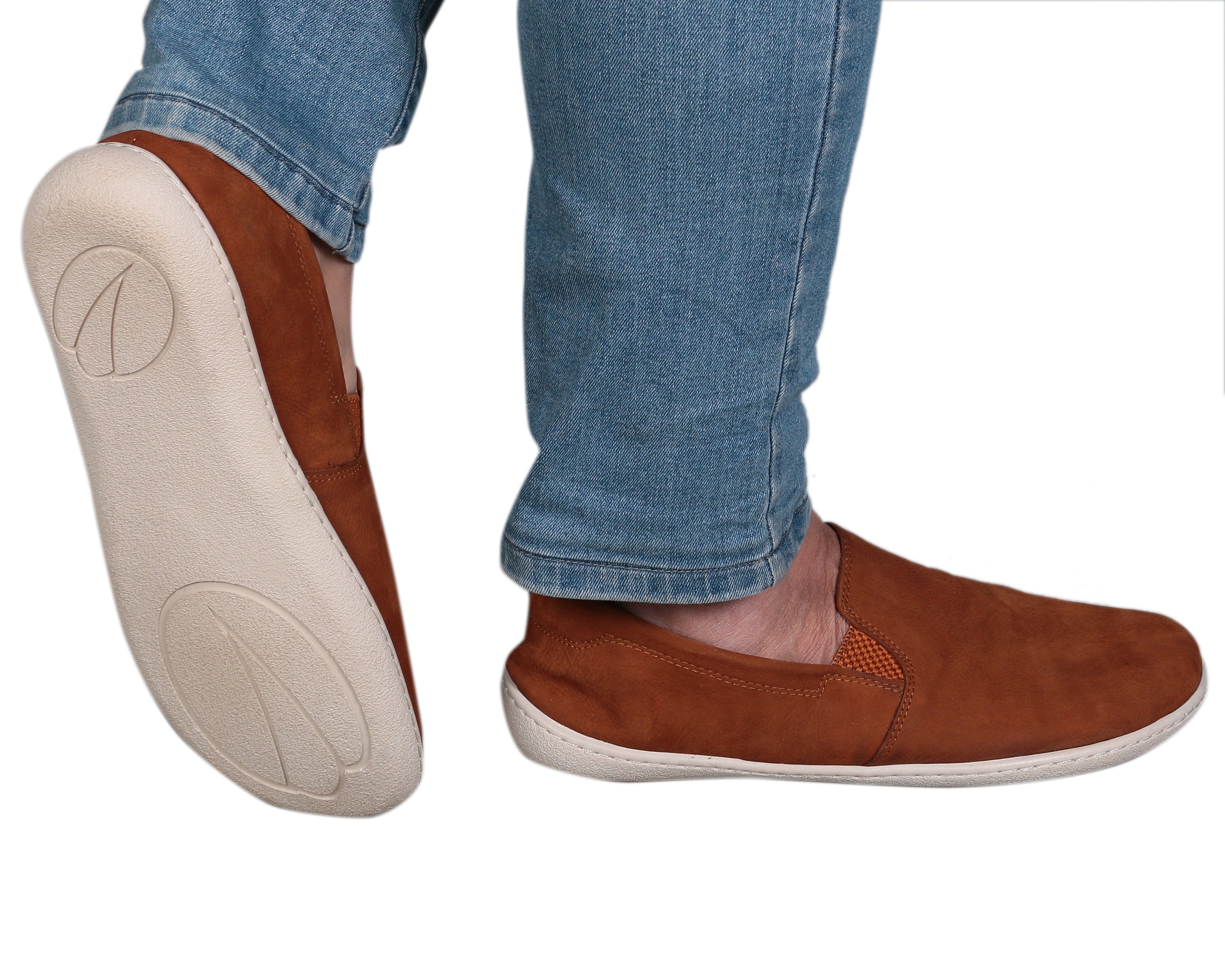 Tan Slip-On Wide Barefoot Shoes Nubuck Leather Handmade 6mm Rubber Outsole 