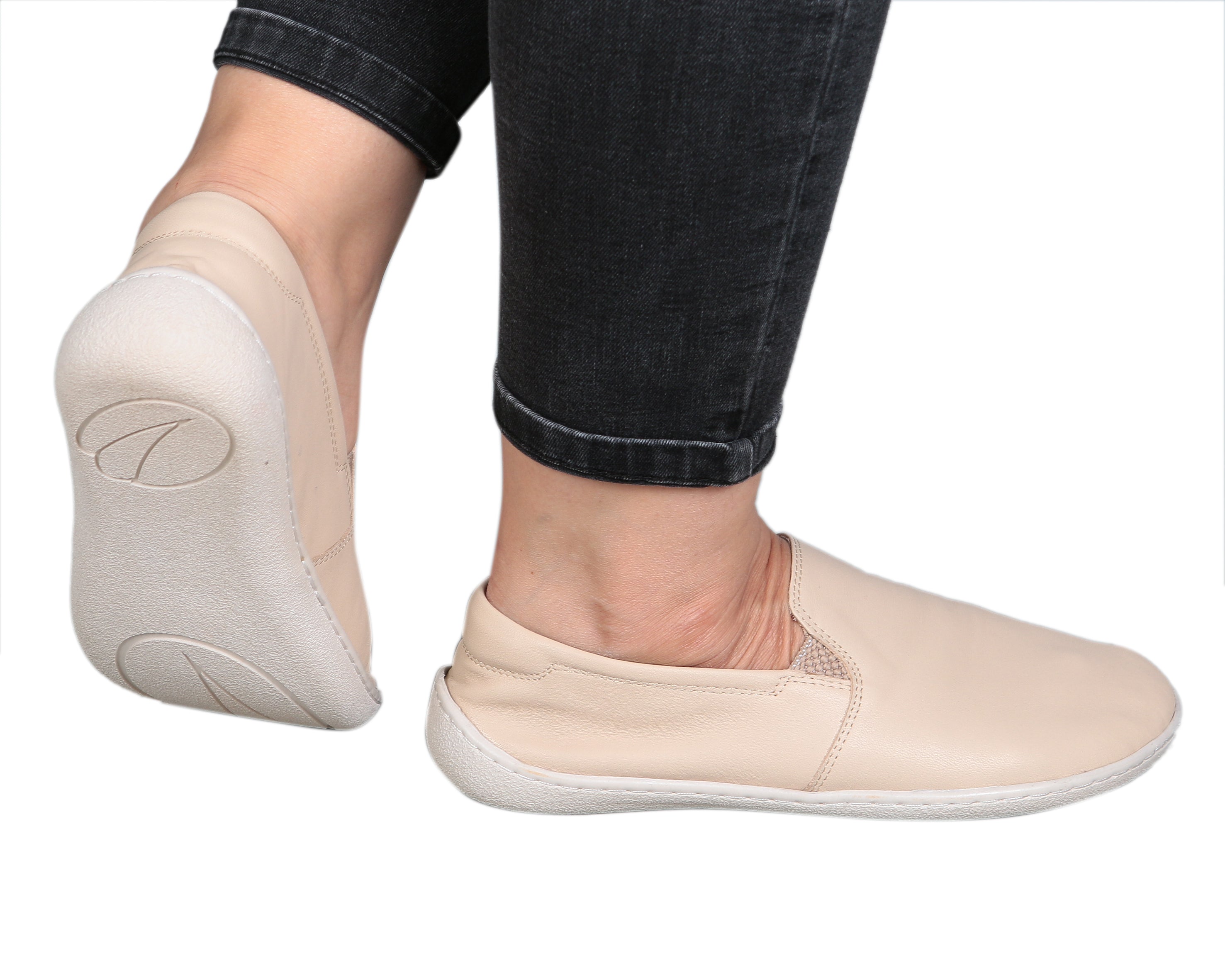 Cream Slip-On Wide Barefoot Shoes Smooth Leather Handmade 6mm Rubber Outsole 