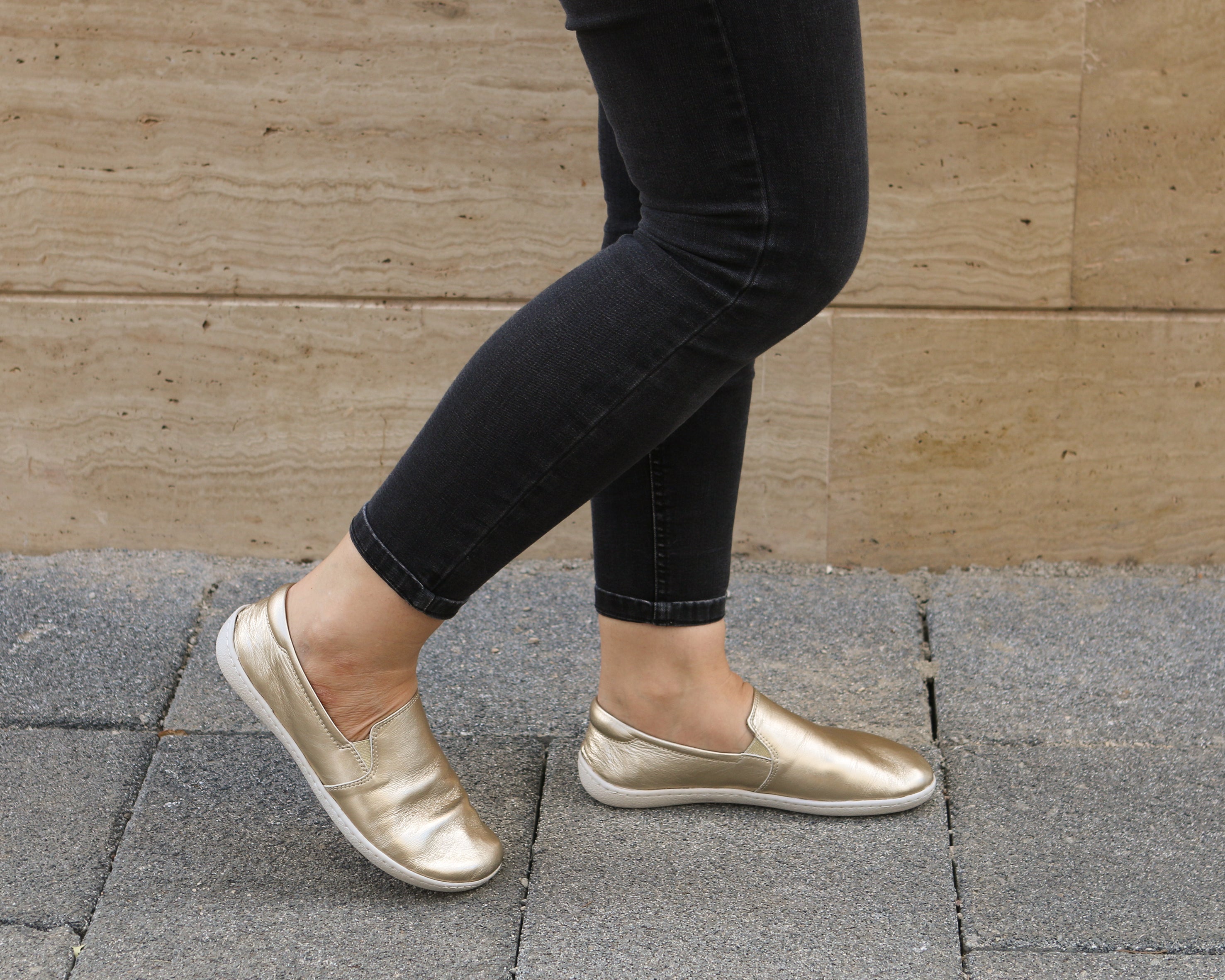 Gold Slip-On Wide Barefoot Shoes Smooth Leather Handmade 6mm Rubber Outsole 