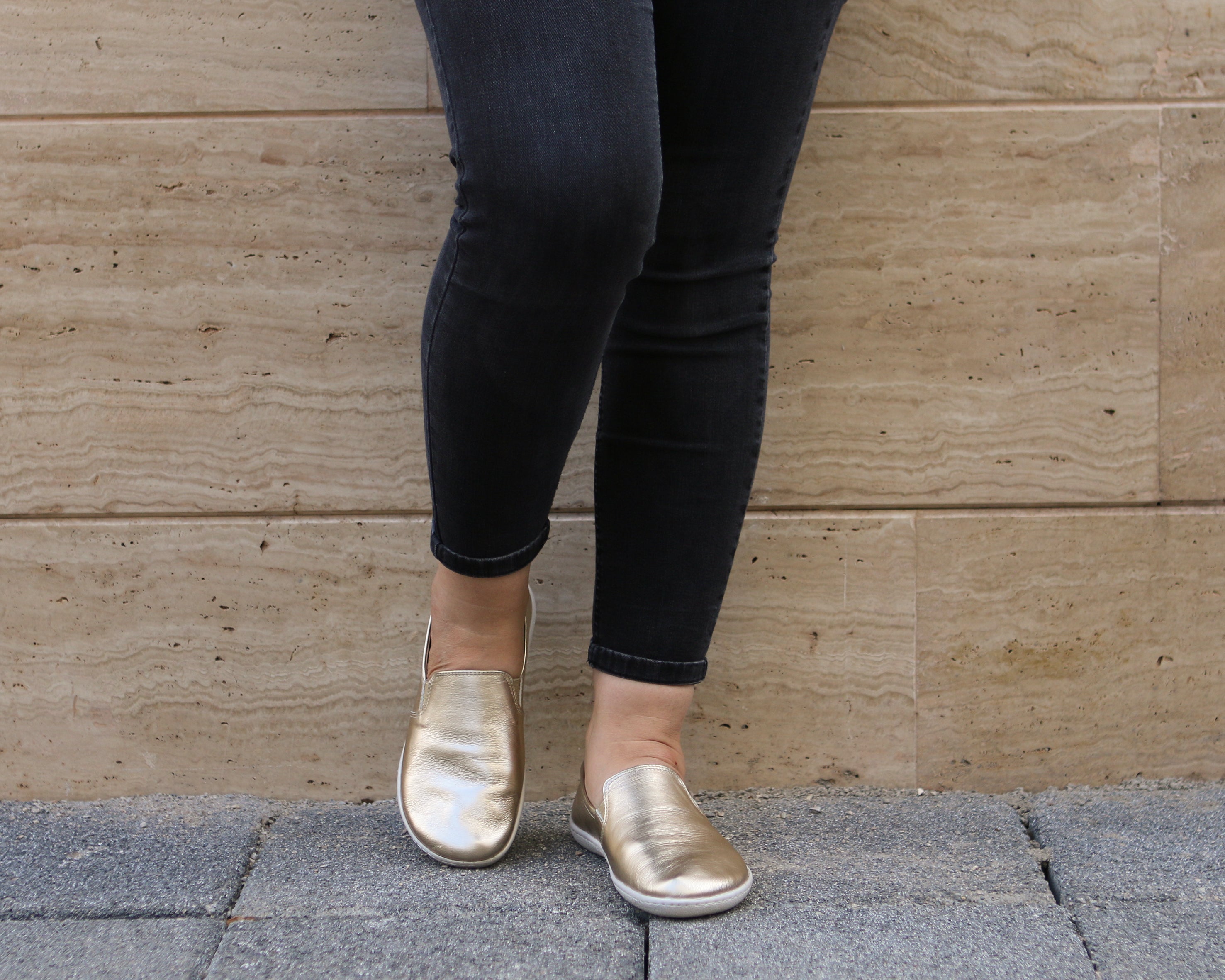 Gold Slip-On Wide Barefoot Shoes Smooth Leather Handmade 6mm Rubber Outsole 