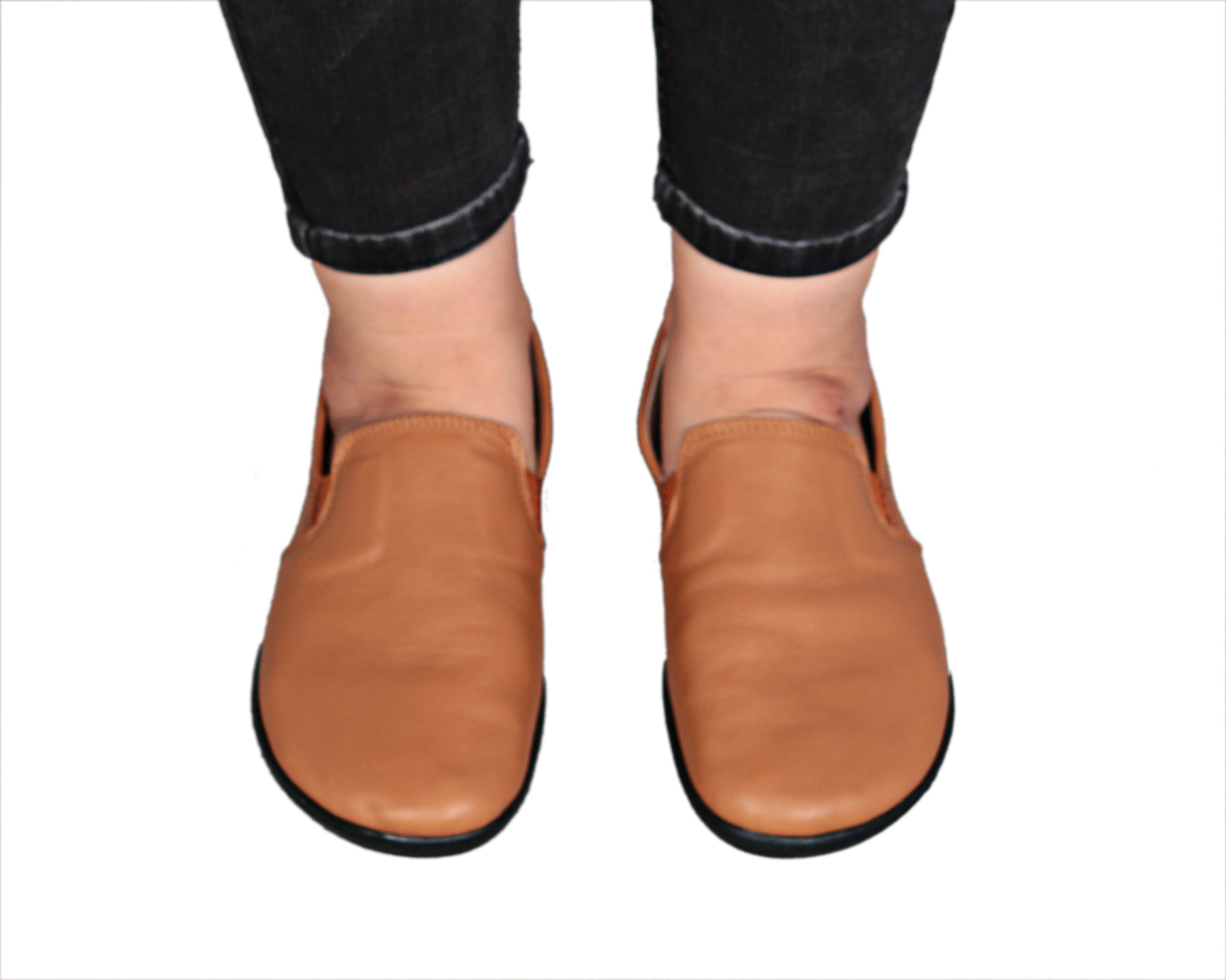 Tan Slip-On Wide Barefoot Shoes Smooth Leather Handmade 6mm Rubber Outsole 