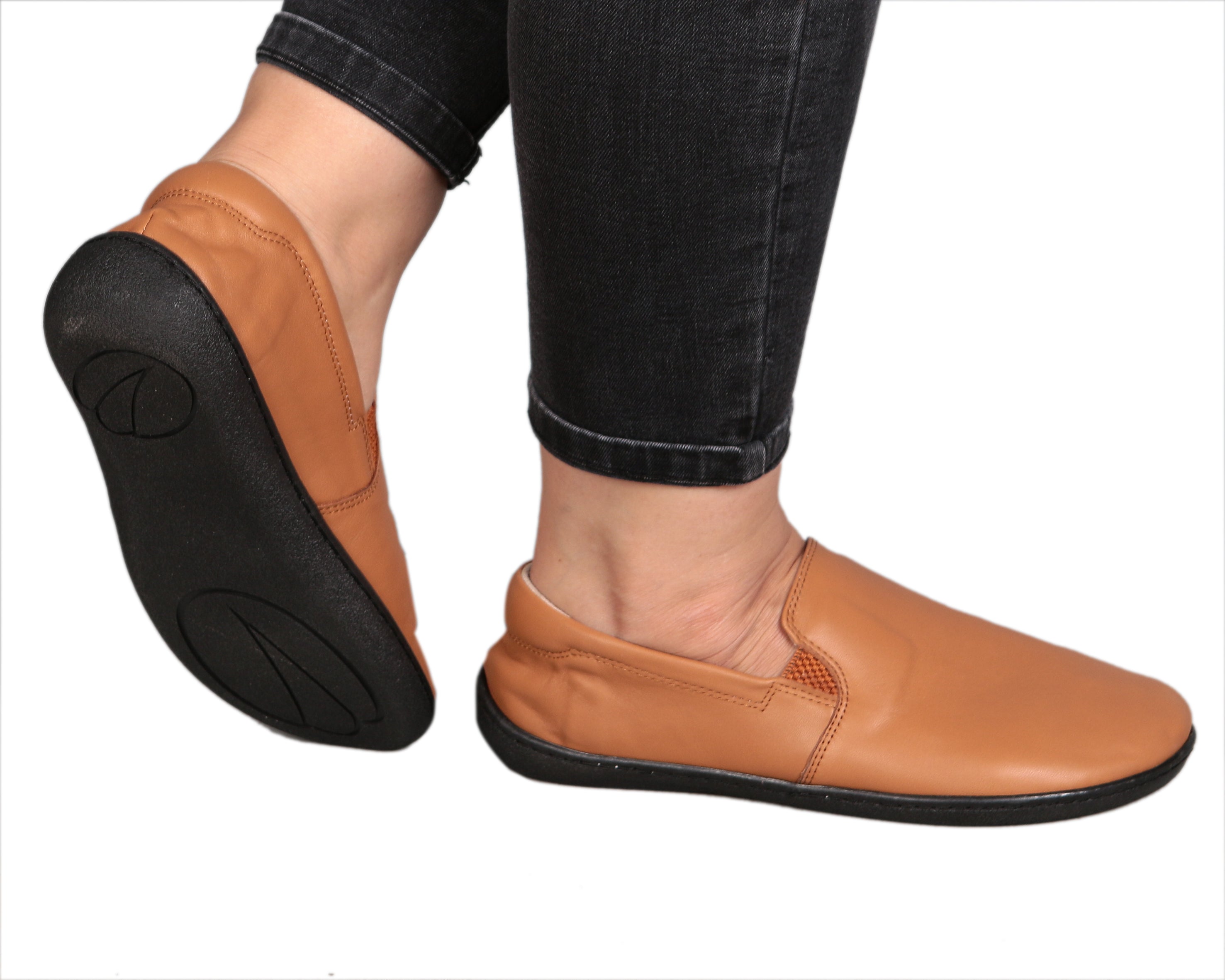 Tan Slip-On Wide Barefoot Shoes Smooth Leather Handmade 6mm Rubber Outsole 
