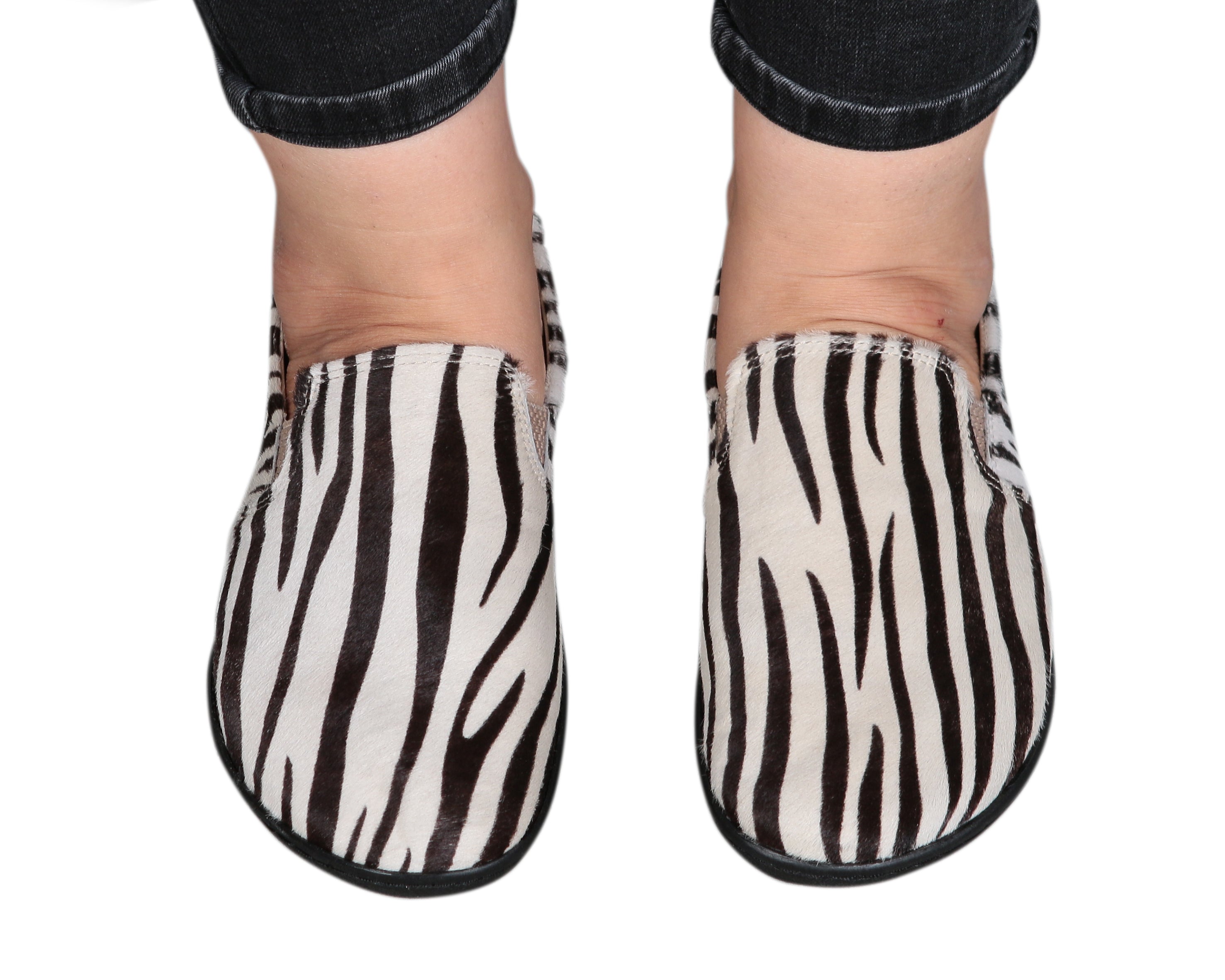 Zebra Slip-On Wide Barefoot Shoes Smooth Leather Handmade 6mm Rubber Outsole 