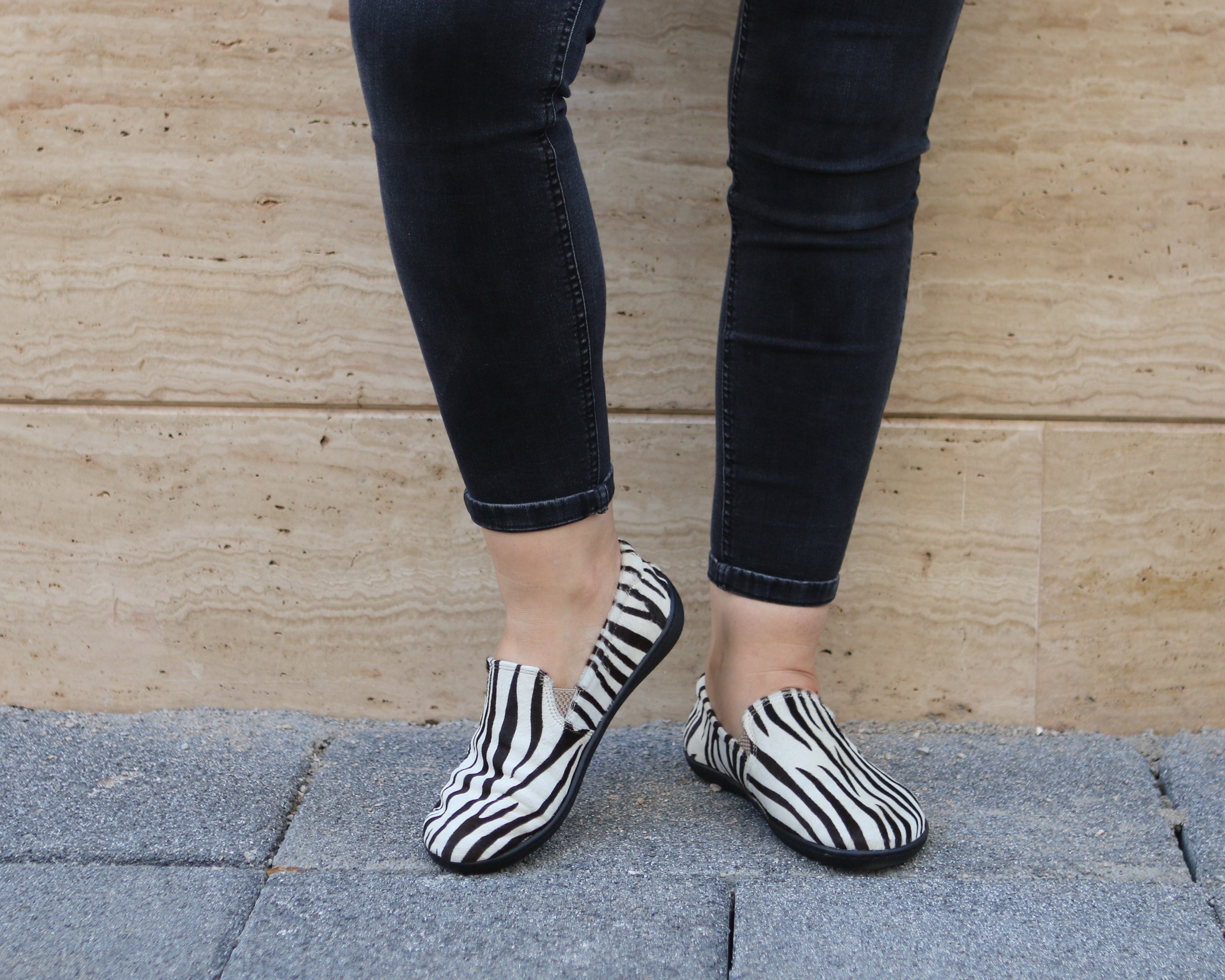 Zebra Slip-On Wide Barefoot Shoes Smooth Leather Handmade 6mm Rubber Outsole 