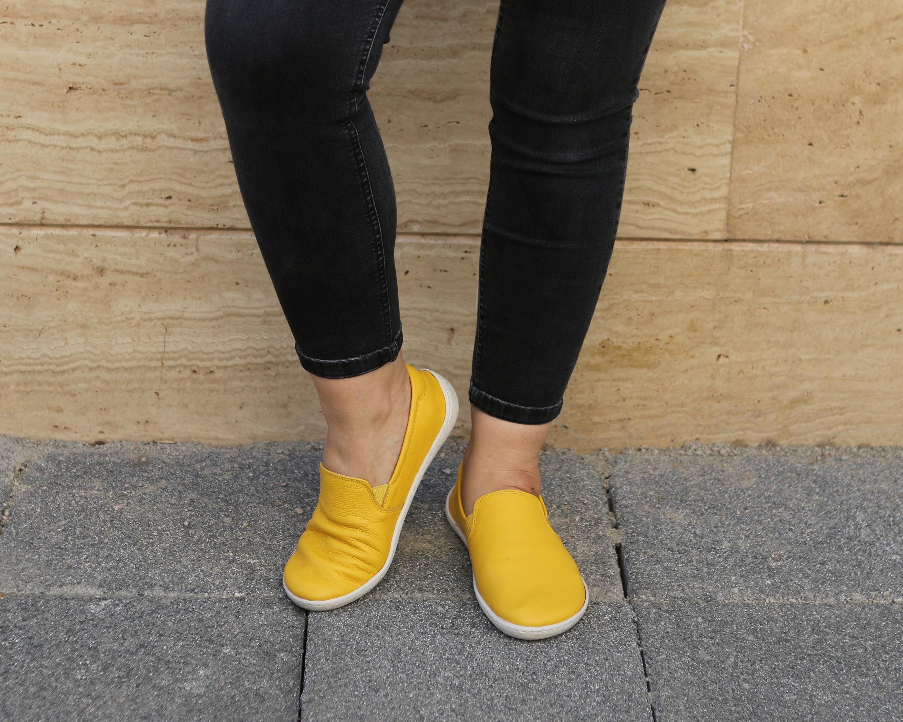 Yellow Slip-On Wide Barefoot Shoes Smooth Leather Handmade 6mm Rubber Outsole 