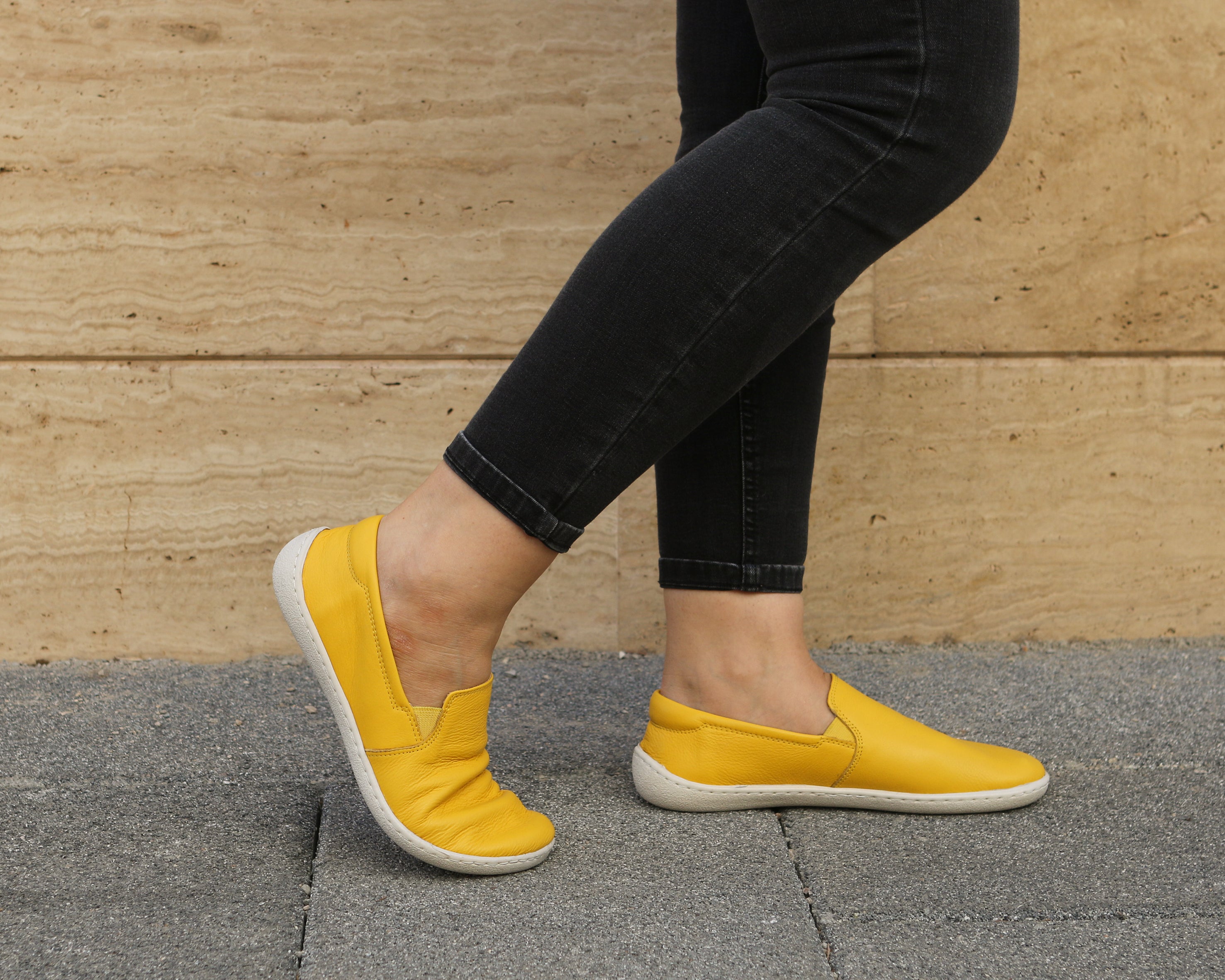 Yellow Slip-On Wide Barefoot Shoes Smooth Leather Handmade 6mm Rubber Outsole 