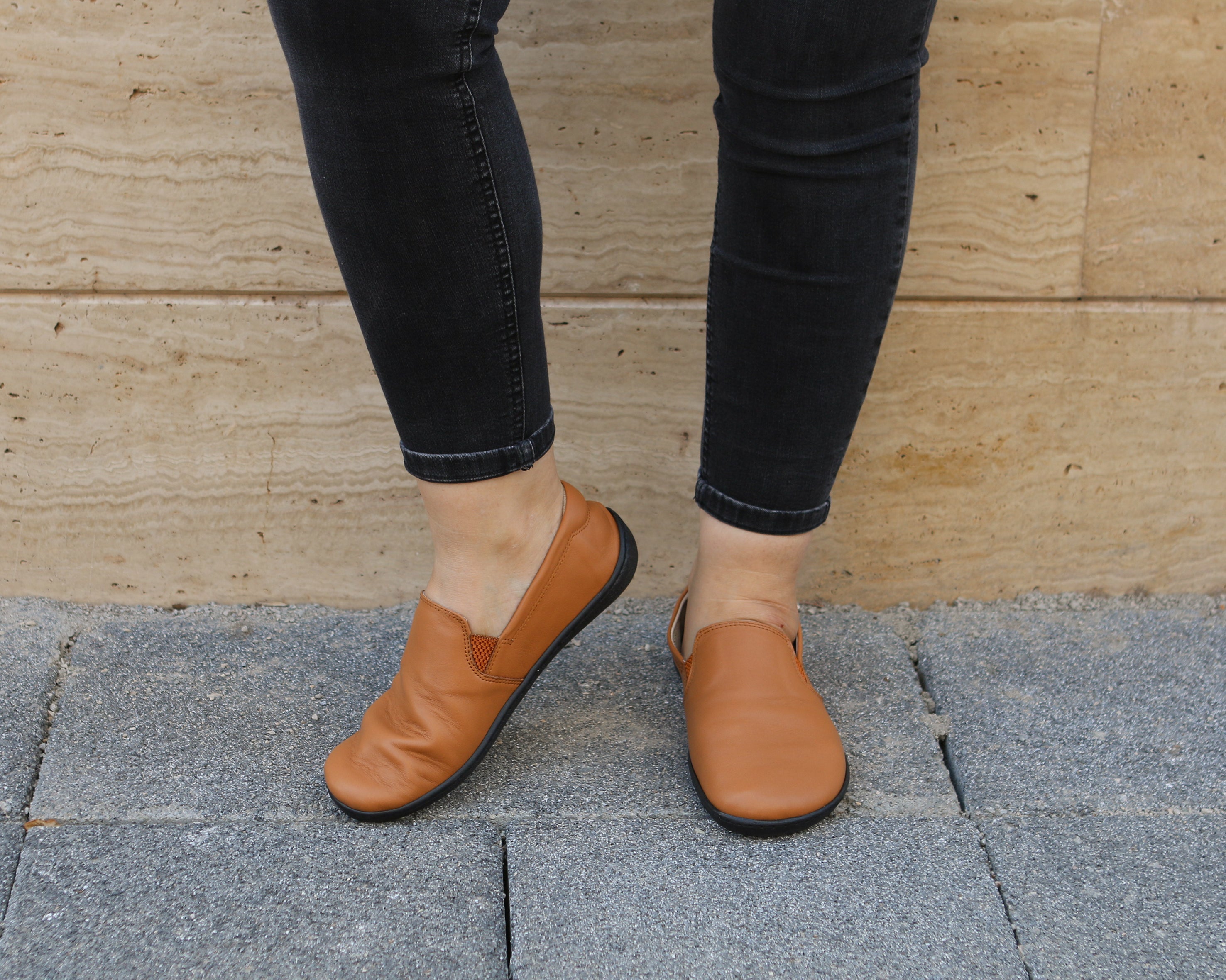 Tan Slip-On Wide Barefoot Shoes Smooth Leather Handmade 6mm Rubber Outsole 