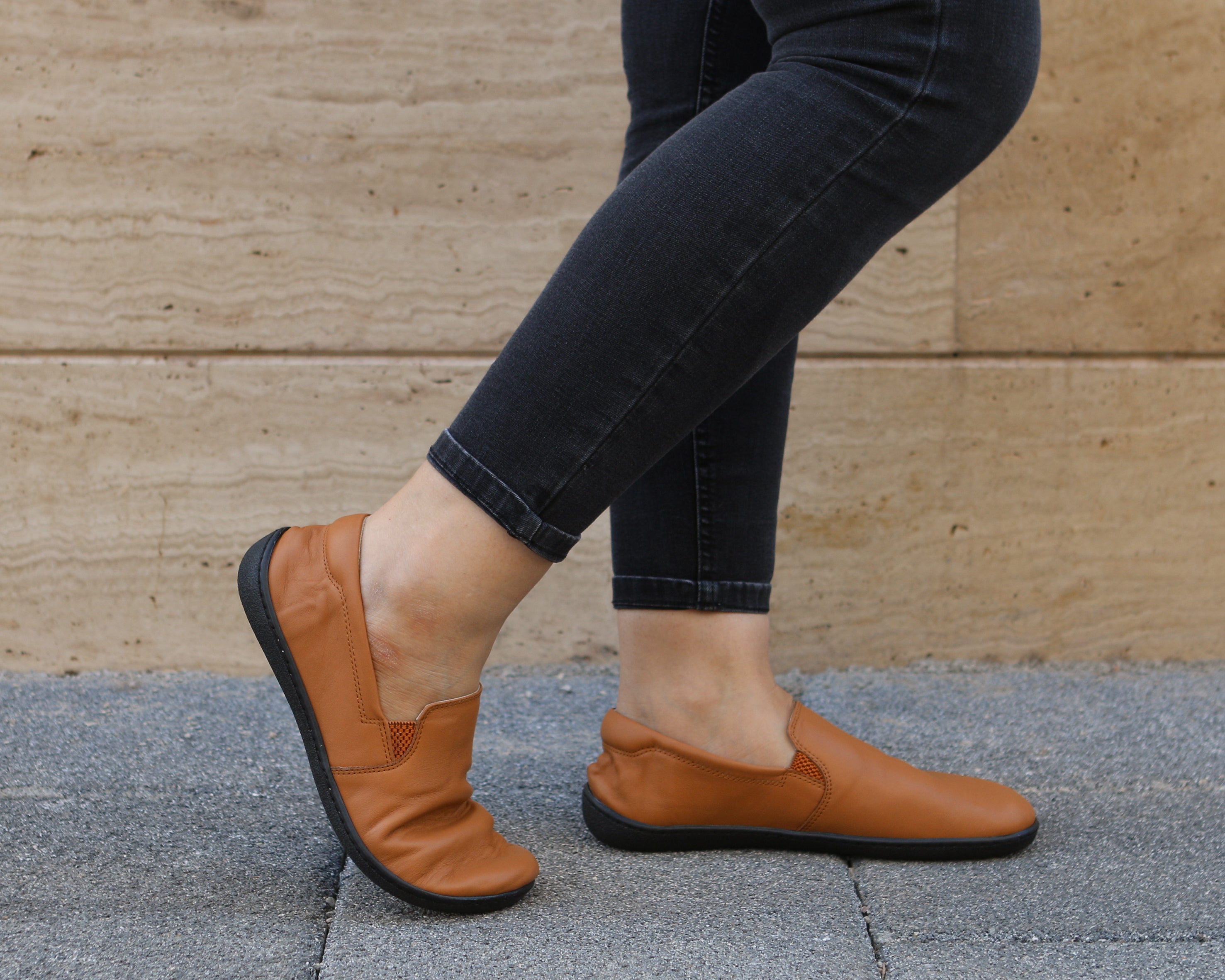 Tan Slip-On Wide Barefoot Shoes Smooth Leather Handmade 6mm Rubber Outsole 