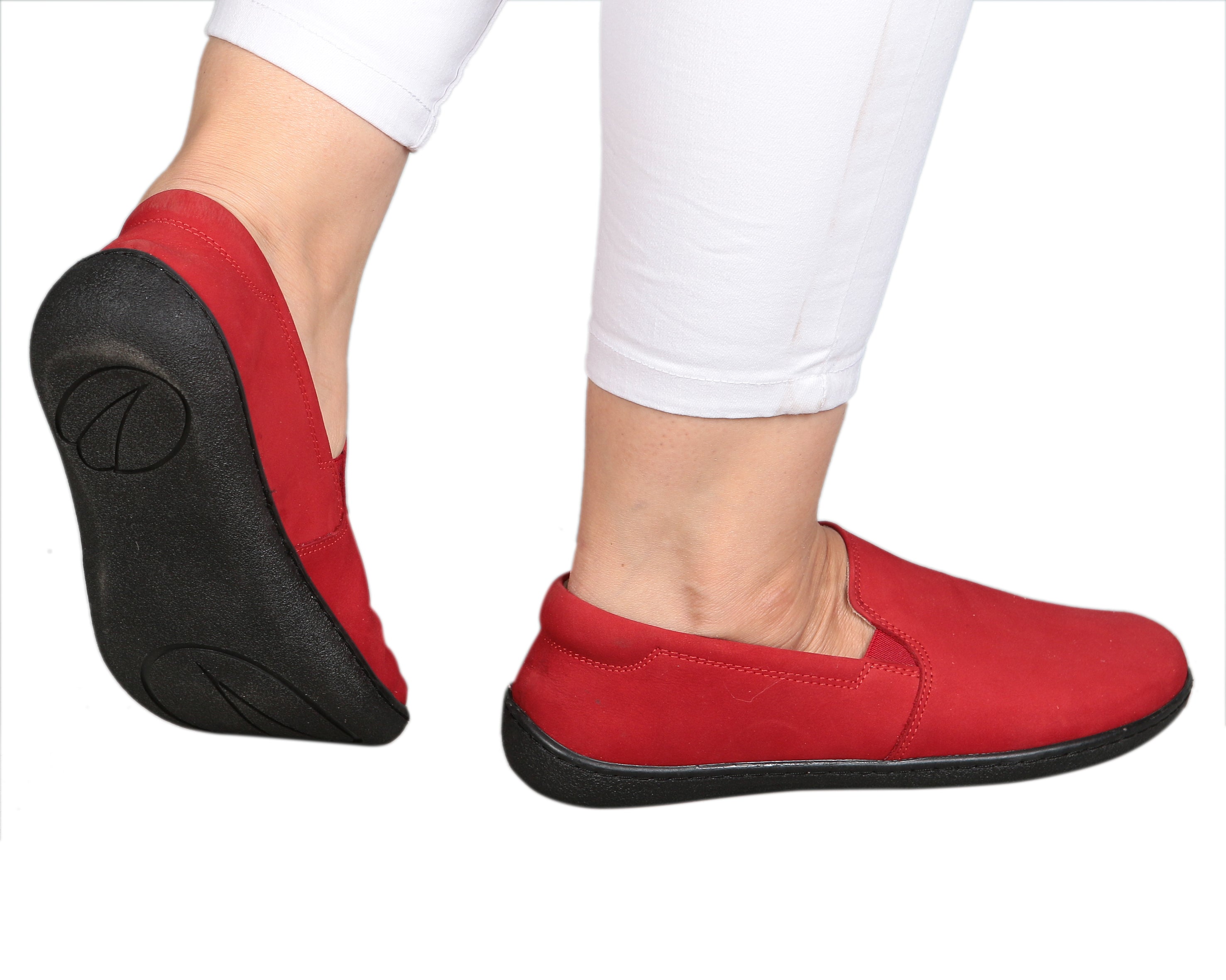 Red Slip-On Wide Barefoot Shoes Nubuck Leather Handmade 6mm Rubber Outsole 