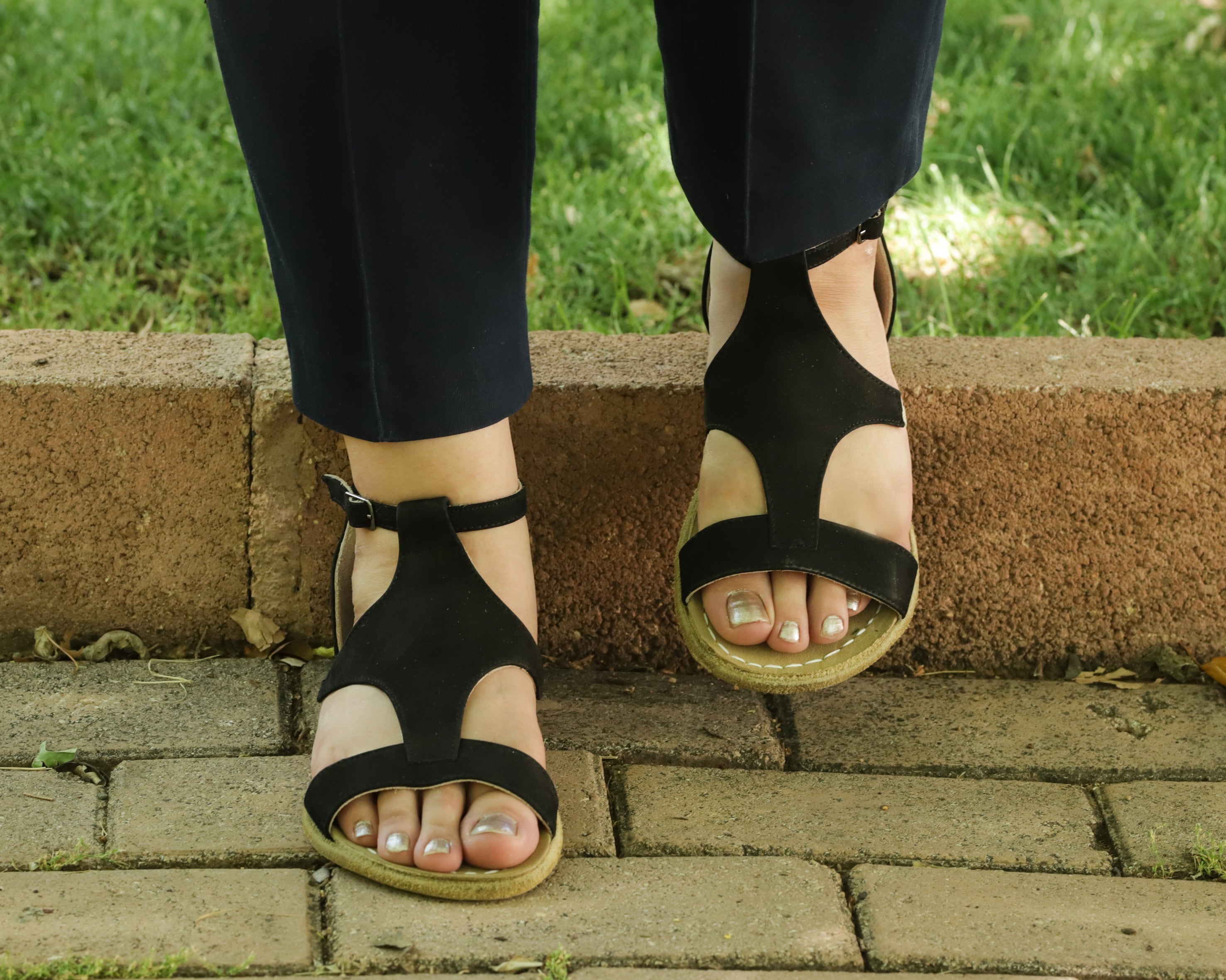 Black Women Buckle Slipper Wide Barefoot Nubuck Leather Handmade