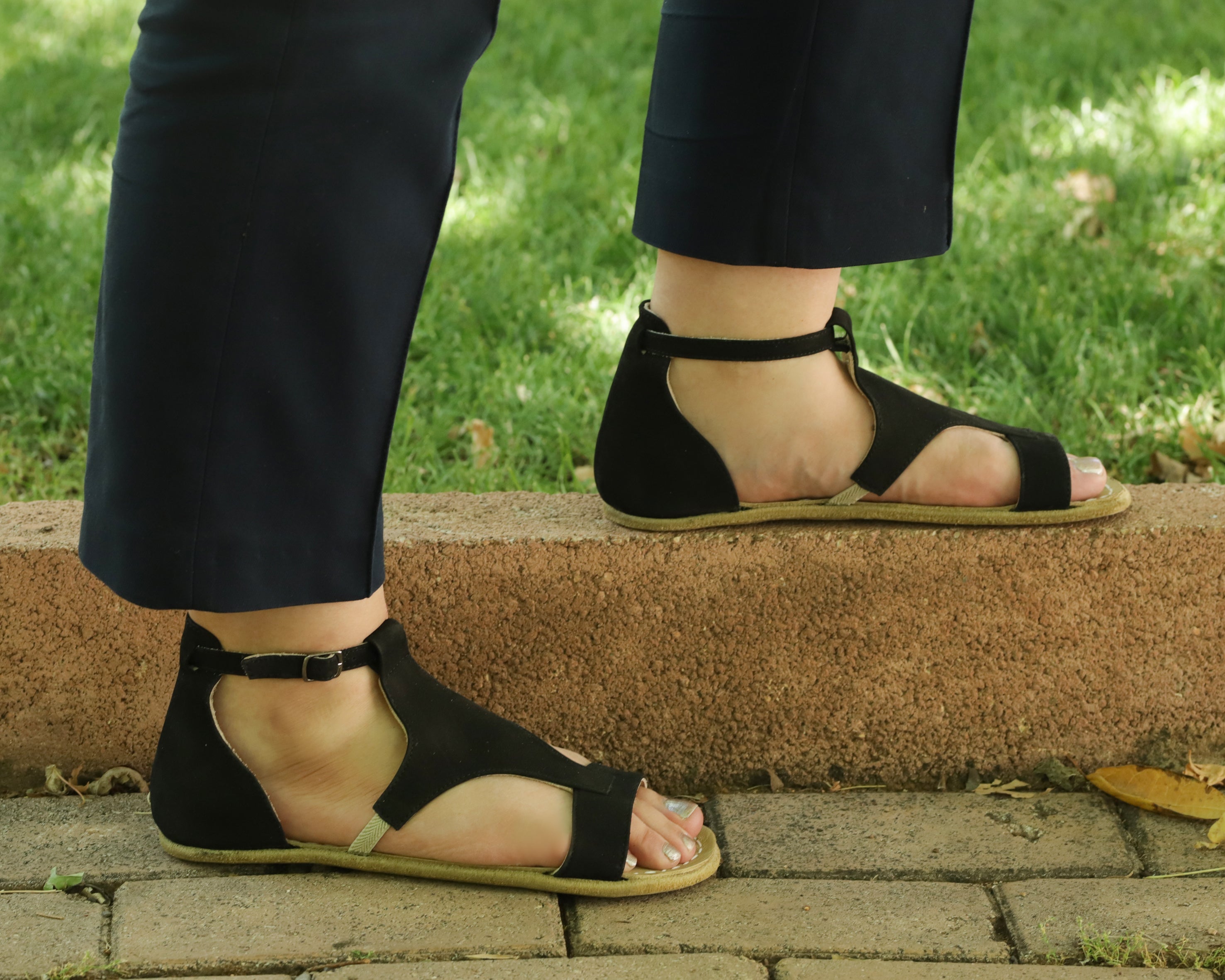 Black Women Buckle Slipper Wide Barefoot Nubuck Leather Handmade