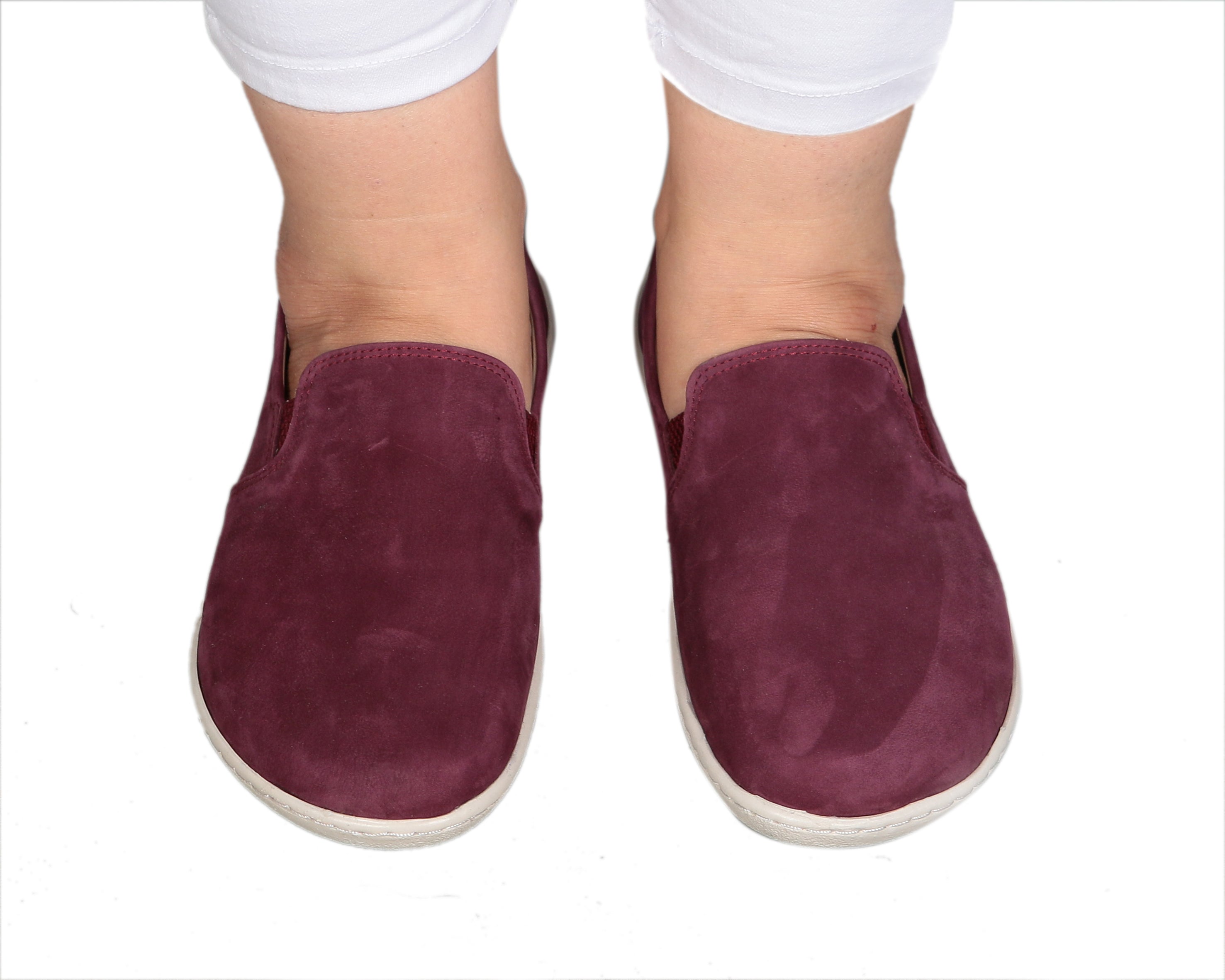 Burgundy Slip-On Wide Barefoot Shoes Nubuck Leather Handmade 6mm Rubber Outsole