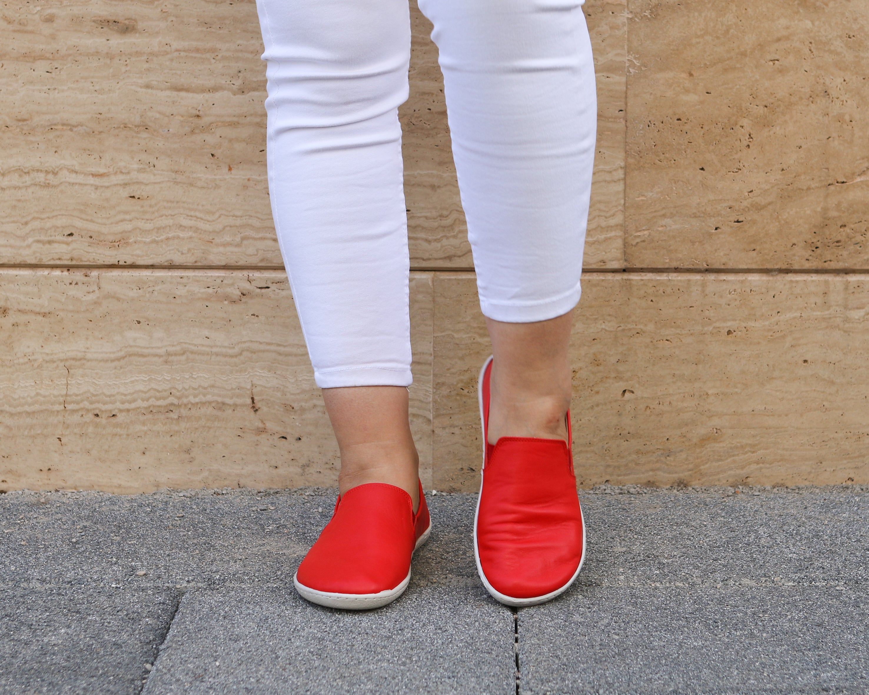 Red Slip-On Wide Barefoot Shoes Smooth Leather Handmade 6mm Rubber Outsole 