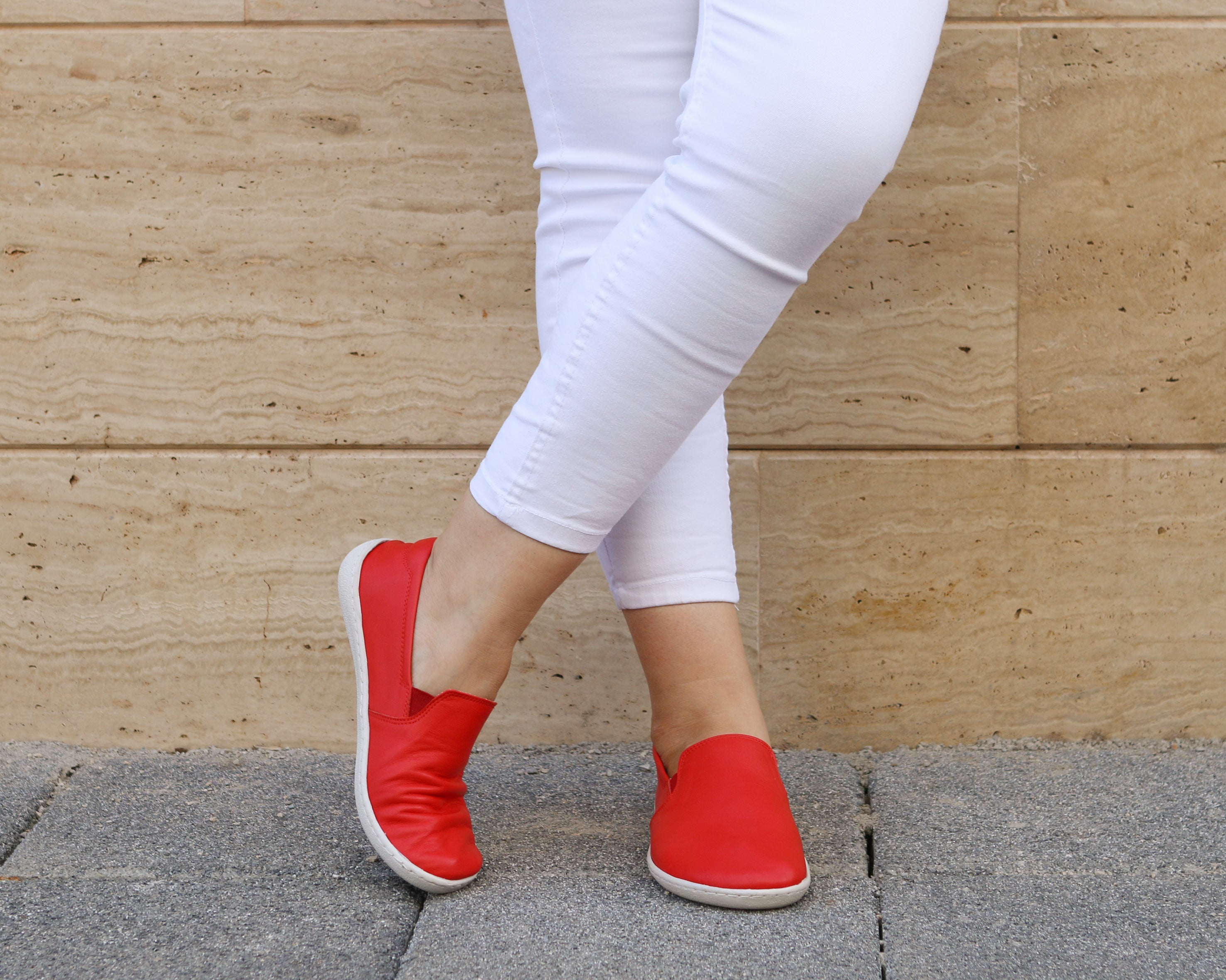 Red Slip-On Wide Barefoot Shoes Smooth Leather Handmade 6mm Rubber Outsole 