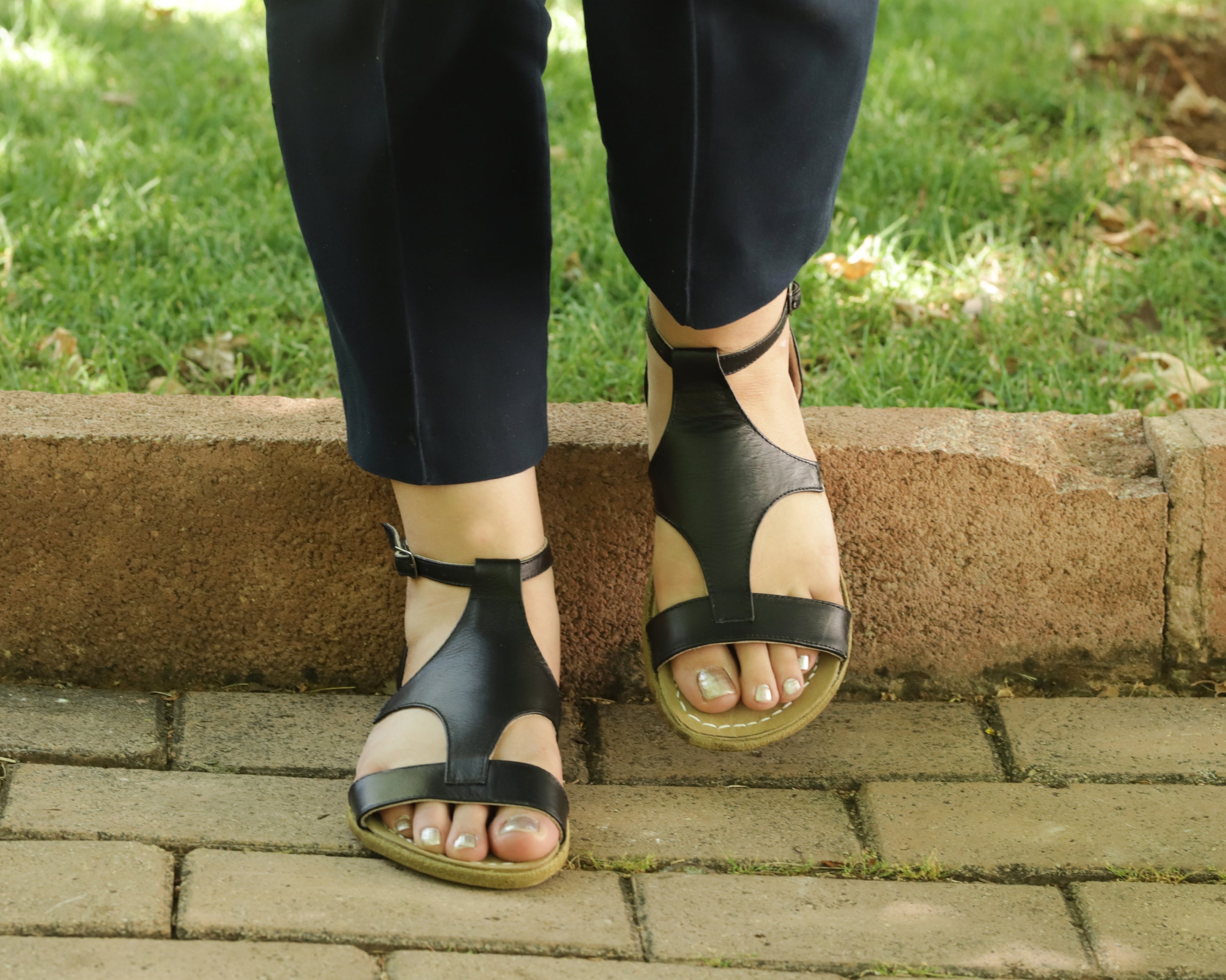 Black Women Buckle Slipper Wide Barefoot Smooth Leather Handmade