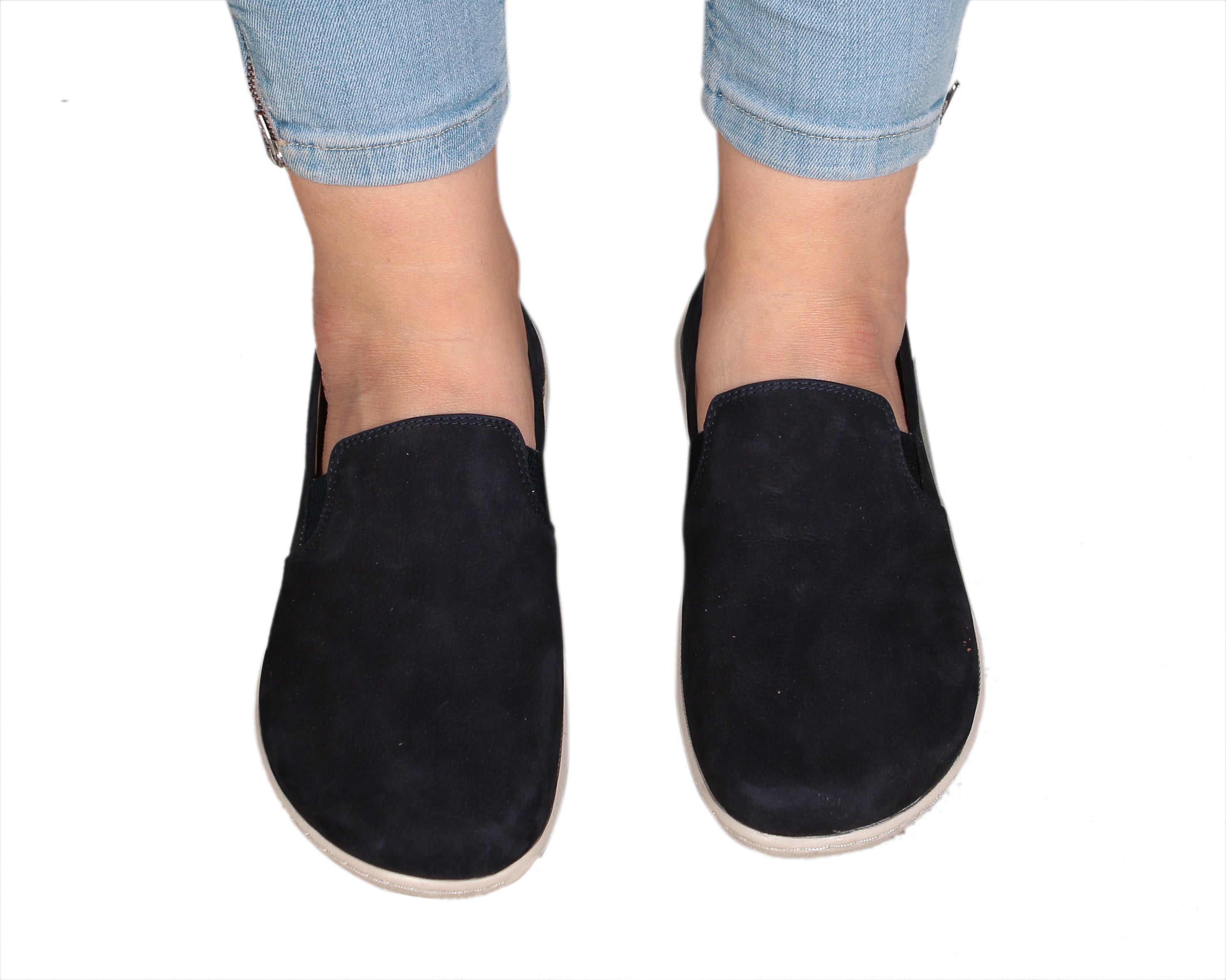 Navy Blue Slip-On Wide Barefoot Shoes Nubuck Leather Handmade 6mm Rubber Outsole