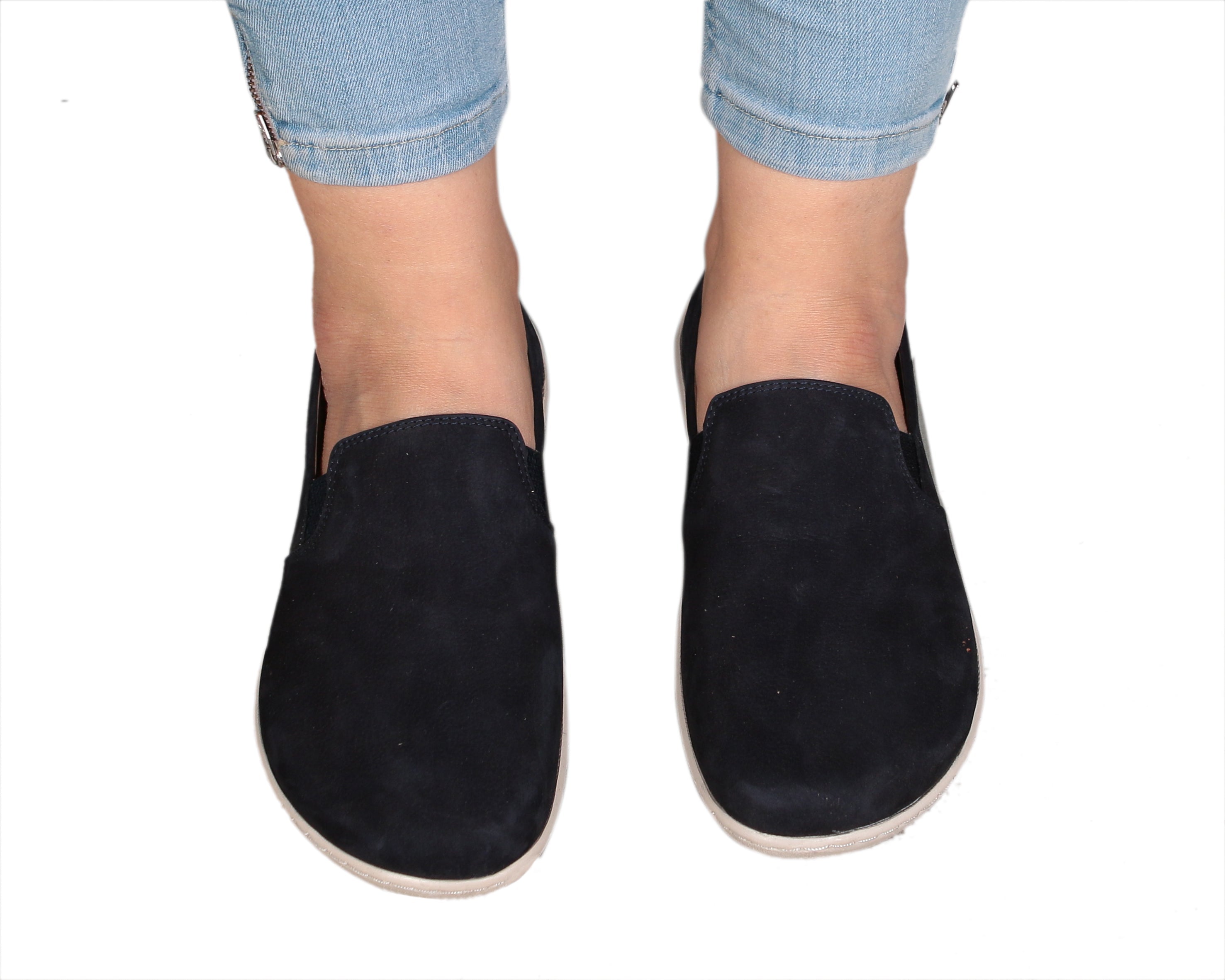 Navy Blue Slip-On Wide Barefoot Shoes Nubuck Leather Handmade 6mm Rubber Outsole 