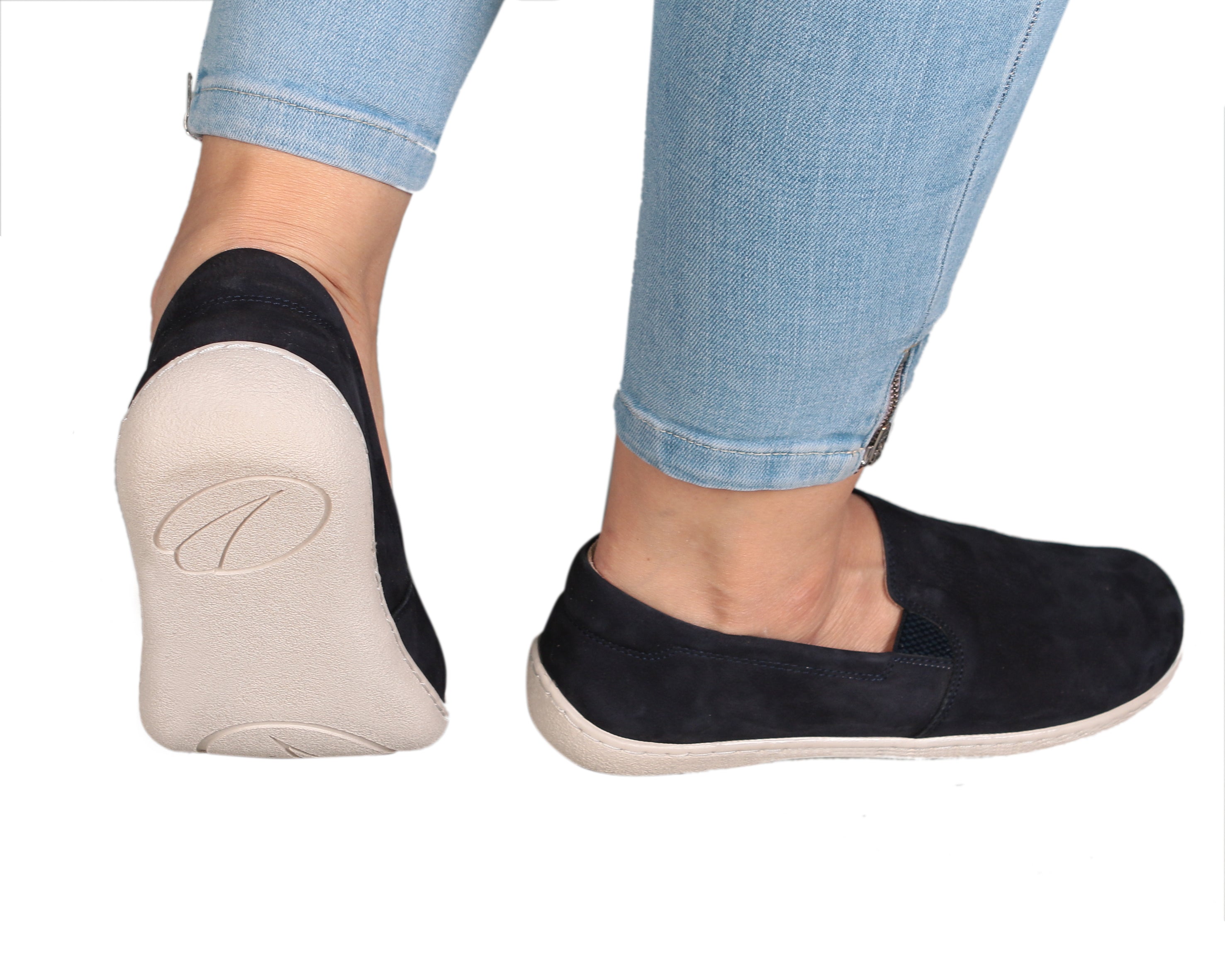 Navy Blue Slip-On Wide Barefoot Shoes Nubuck Leather Handmade 6mm Rubber Outsole 