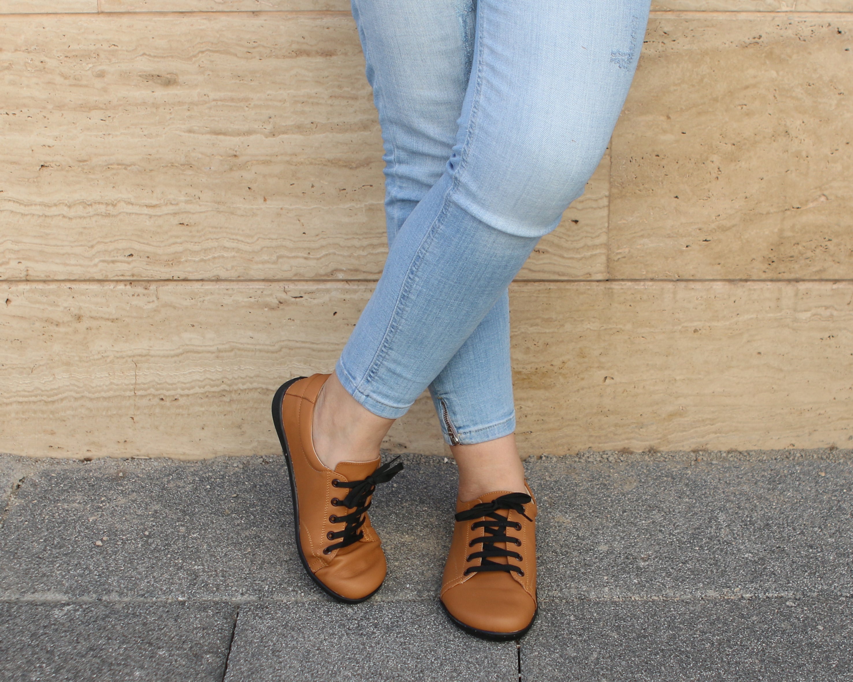 Tan SNEAKER Wide Barefoot Shoes Smooth Leather Handmade 6mm Rubber Outsole 
