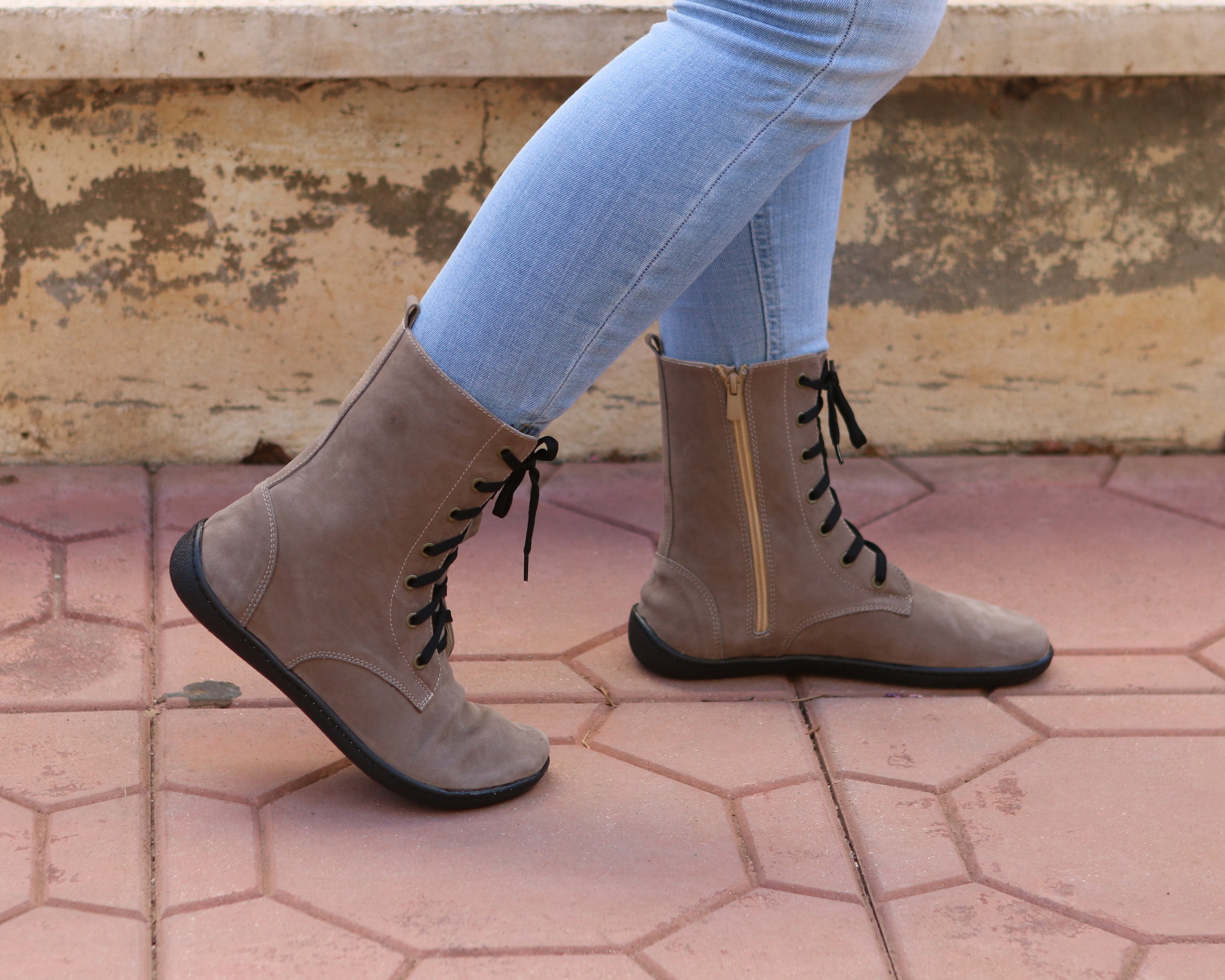 Smoked Long Zipper Boots Wide Barefoot Shoes Nubuck Leather Handmade Rubber Outsole 