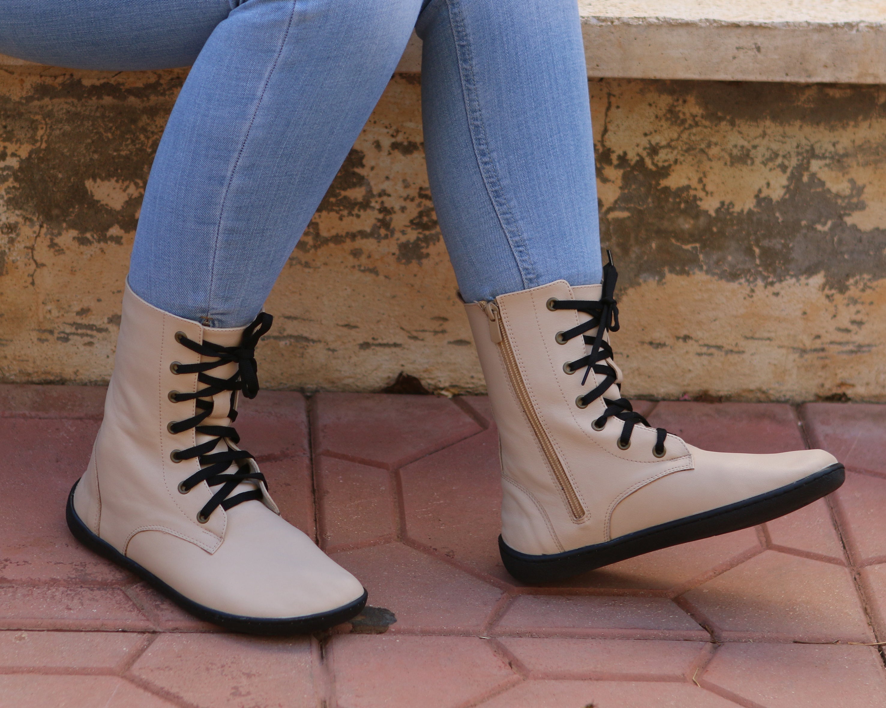 Cream Long Zipper Boots Wide Barefoot Shoes Smooth Leather Handmade 6mm Rubber Outsole 