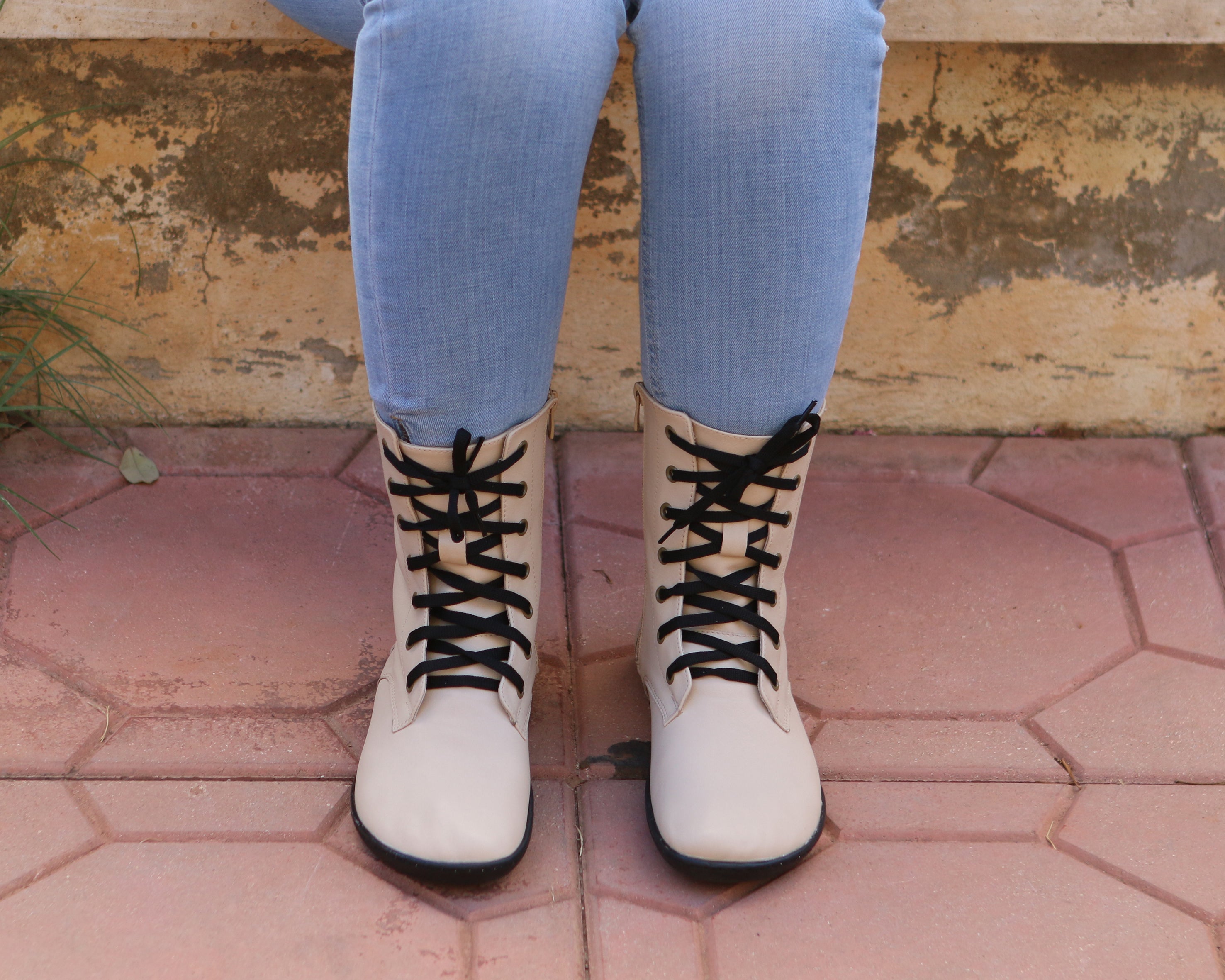 Cream Long Zipper Boots Wide Barefoot Shoes Smooth Leather Handmade 6mm Rubber Outsole 