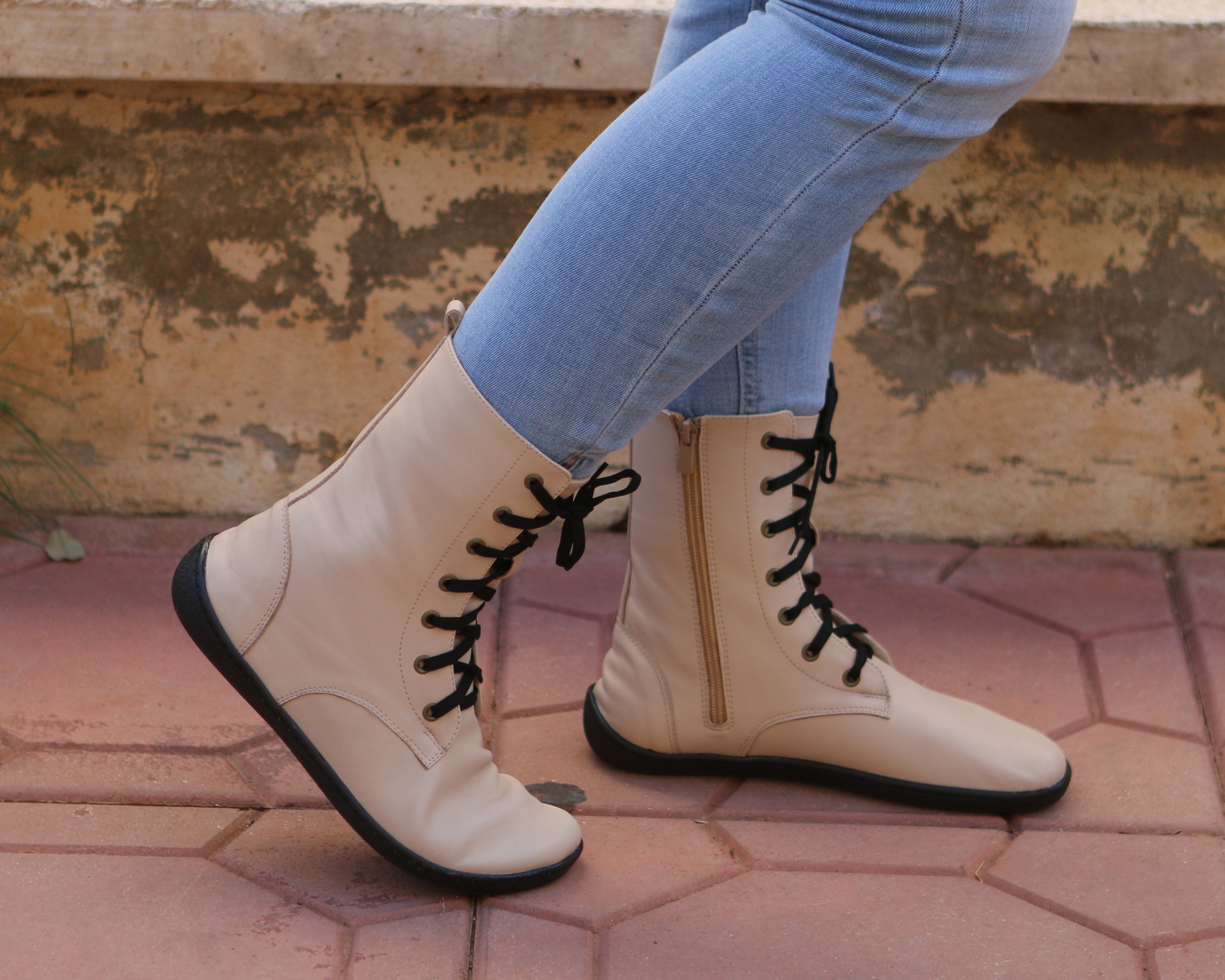 Cream Long Zipper Boots Wide Barefoot Shoes Smooth Leather Handmade 6mm Rubber Outsole 