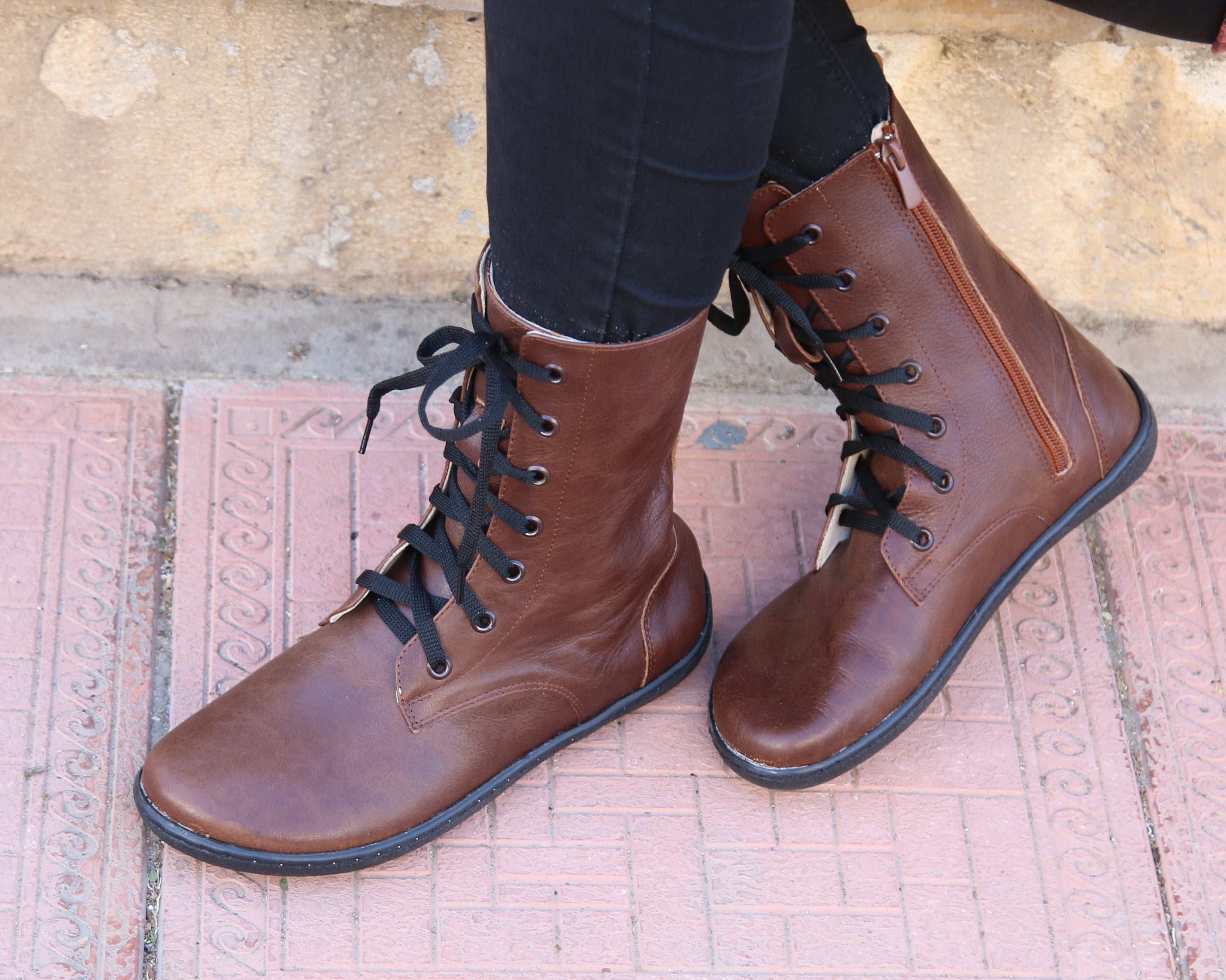 Dark Brown Long Zipper Boots Wide Barefoot Shoes Smooth Leather Handmade 6mm Rubber Outsole 