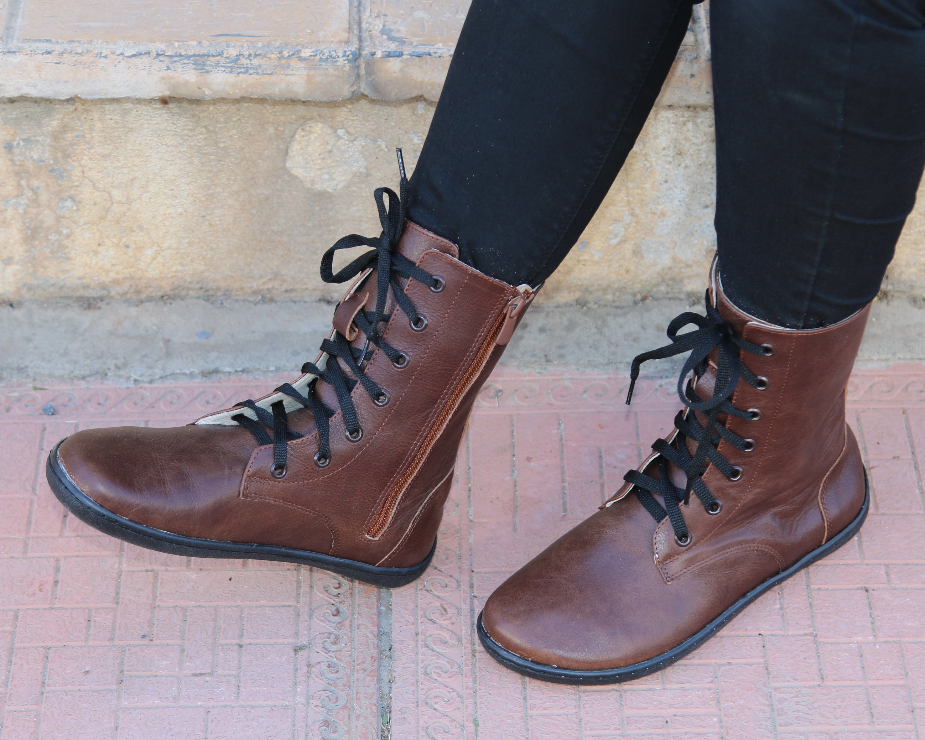 Dark Brown Long Zipper Boots Wide Barefoot Shoes Smooth Leather Handmade 6mm Rubber Outsole 