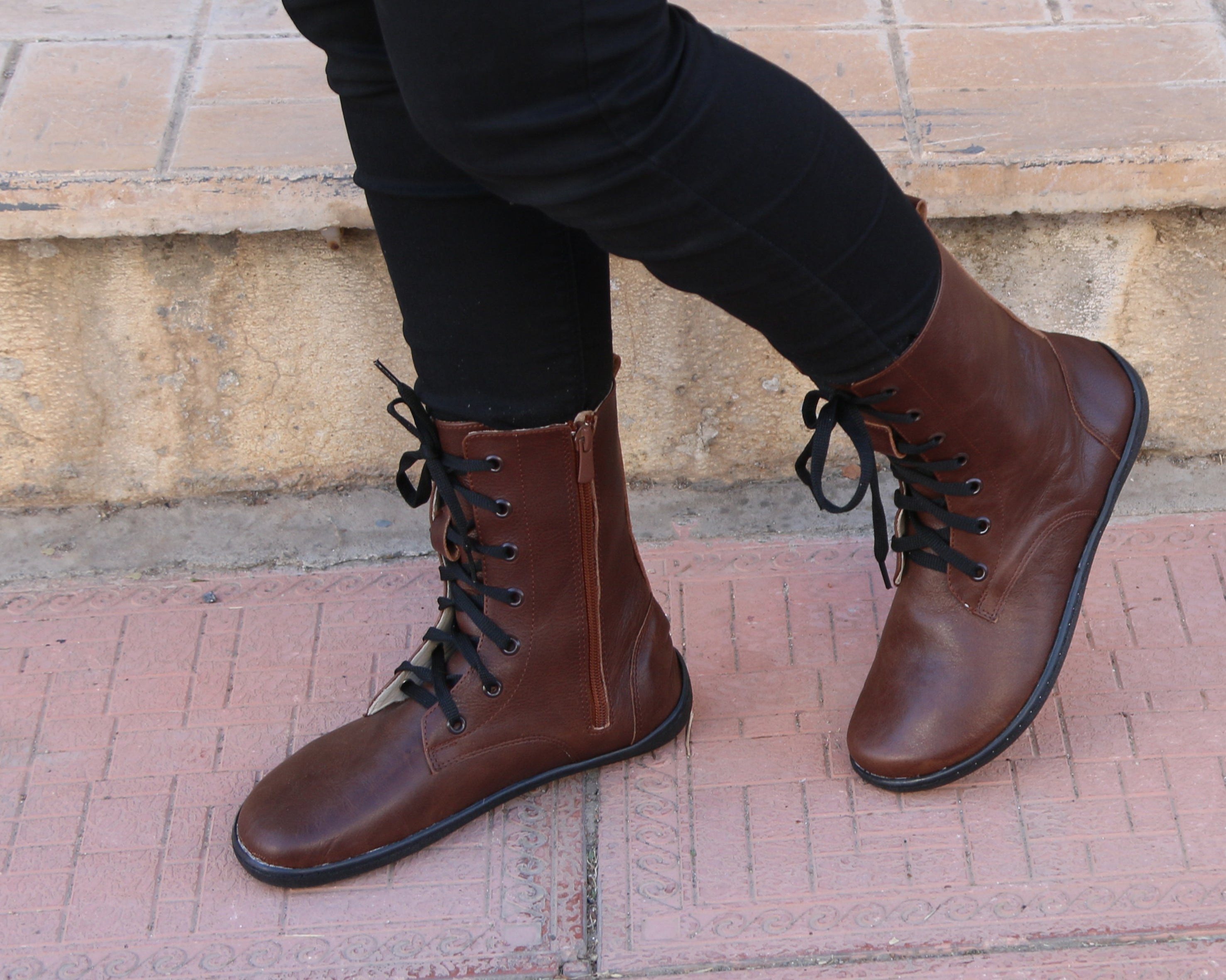 Dark Brown Long Zipper Boots Wide Barefoot Shoes Smooth Leather Handmade 6mm Rubber Outsole 